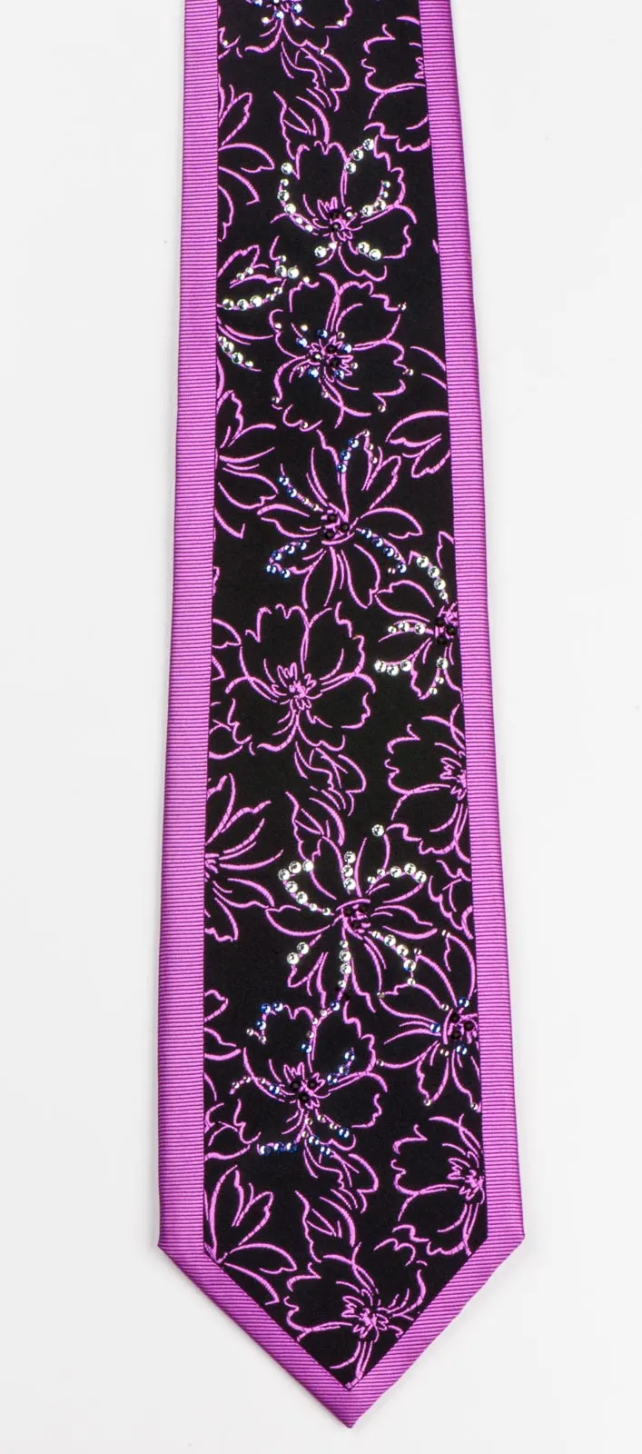 Men's Neck Tie By Roberta di Camerino Purple Floral On Black With Rhinestones