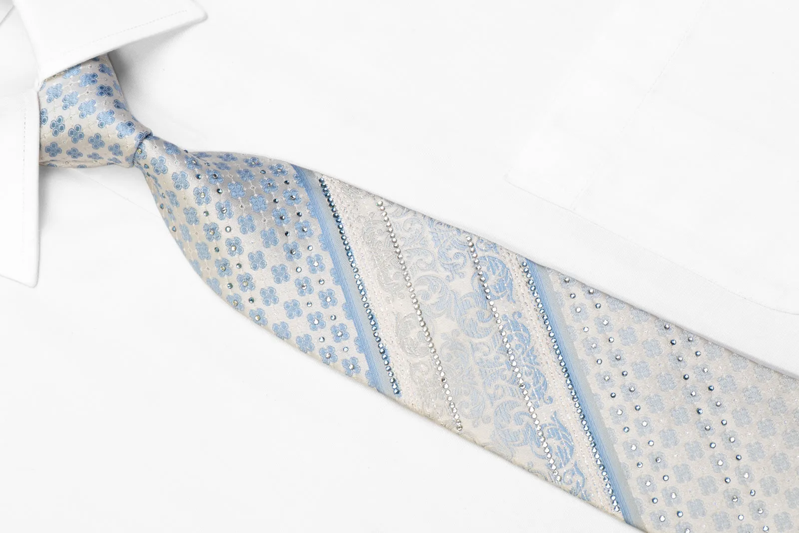 Micheal Angelo Crystal Rhinestone Necktie Blue Foulard Striped On White With Sparkles
