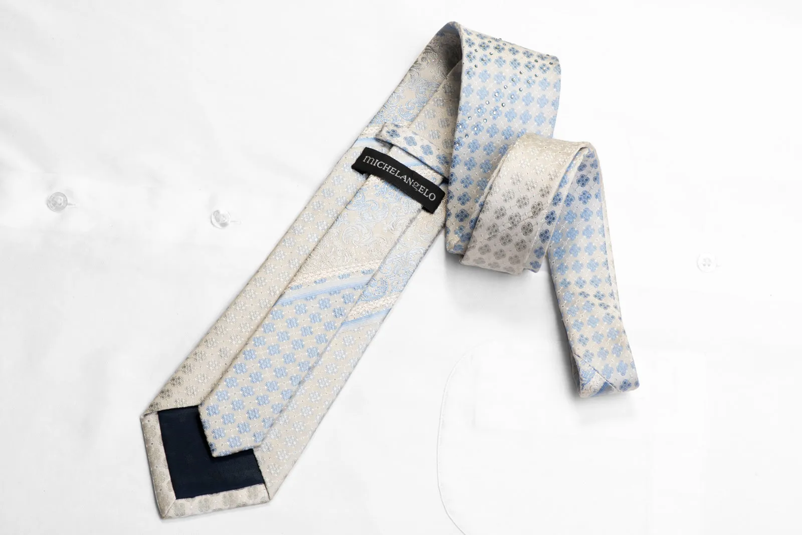 Micheal Angelo Crystal Rhinestone Necktie Blue Foulard Striped On White With Sparkles