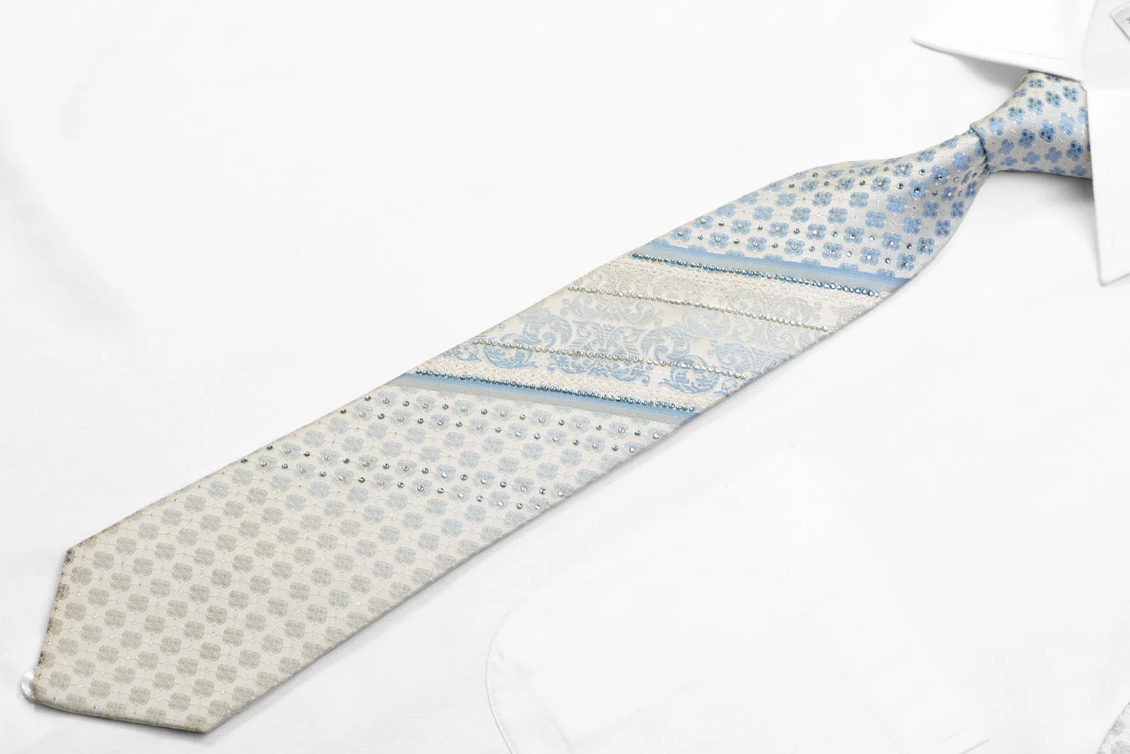 Micheal Angelo Crystal Rhinestone Necktie Blue Foulard Striped On White With Sparkles