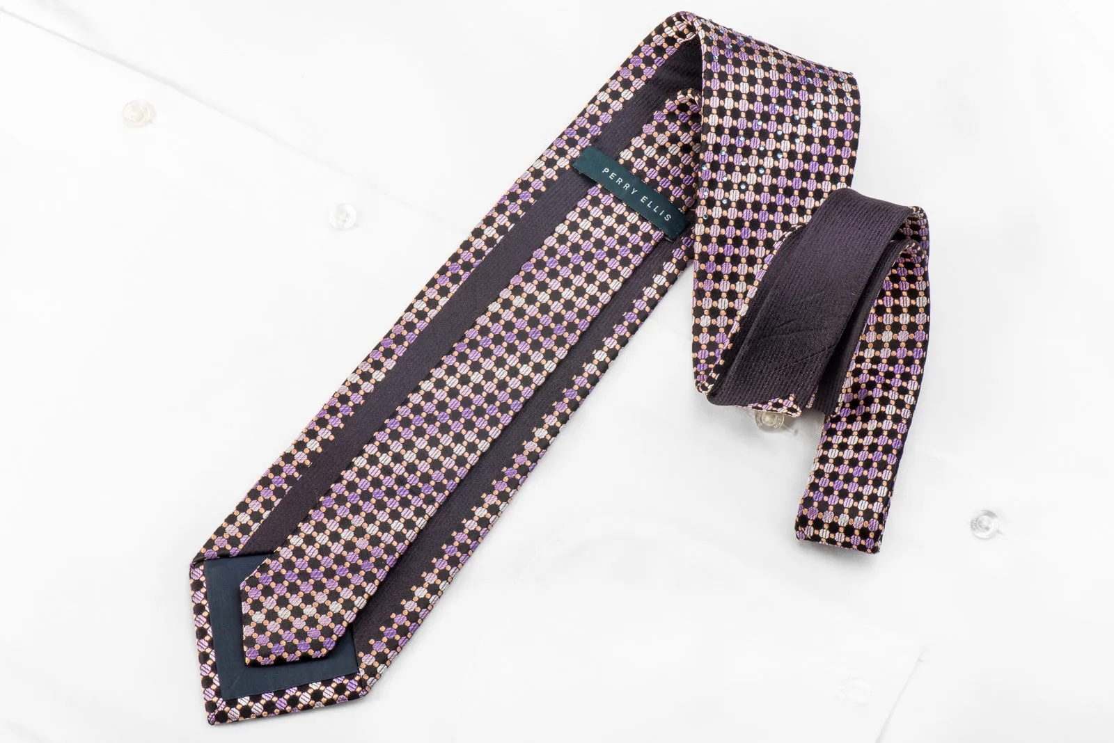 Perry Ellis Men's Crystal Silk Necktie Purple Orange Dots On Black