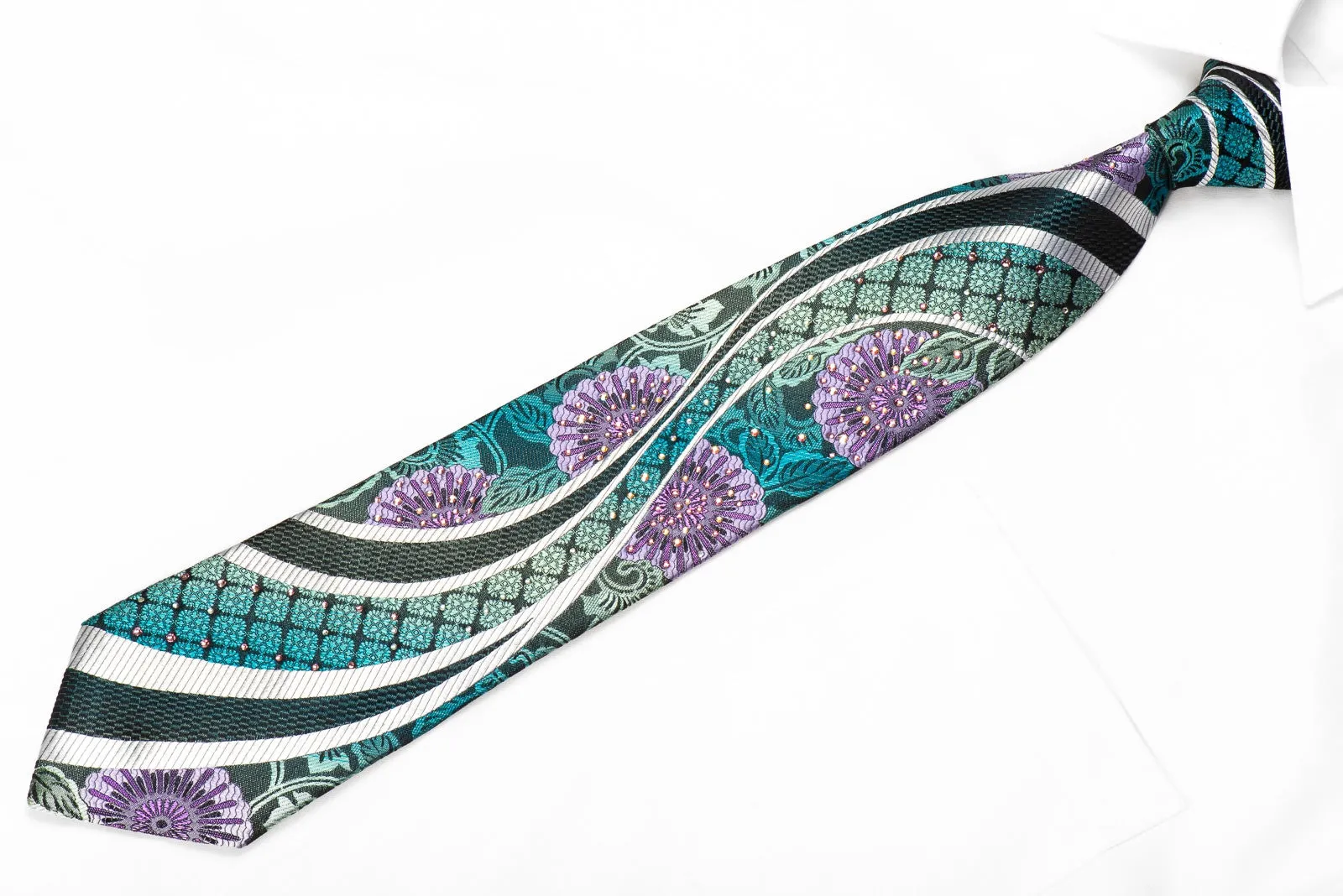 Perry Ellis Men's Crystal Silk Necktie Silver Waves On Floral On Navy With Purple Sparkles