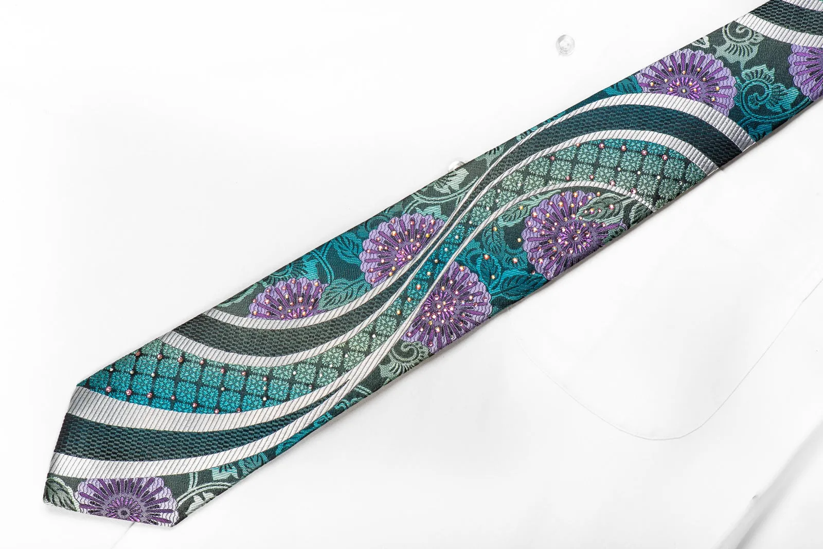Perry Ellis Men's Crystal Silk Necktie Silver Waves On Floral On Navy With Purple Sparkles