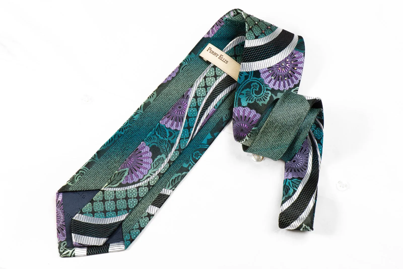 Perry Ellis Men's Crystal Silk Necktie Silver Waves On Floral On Navy With Purple Sparkles