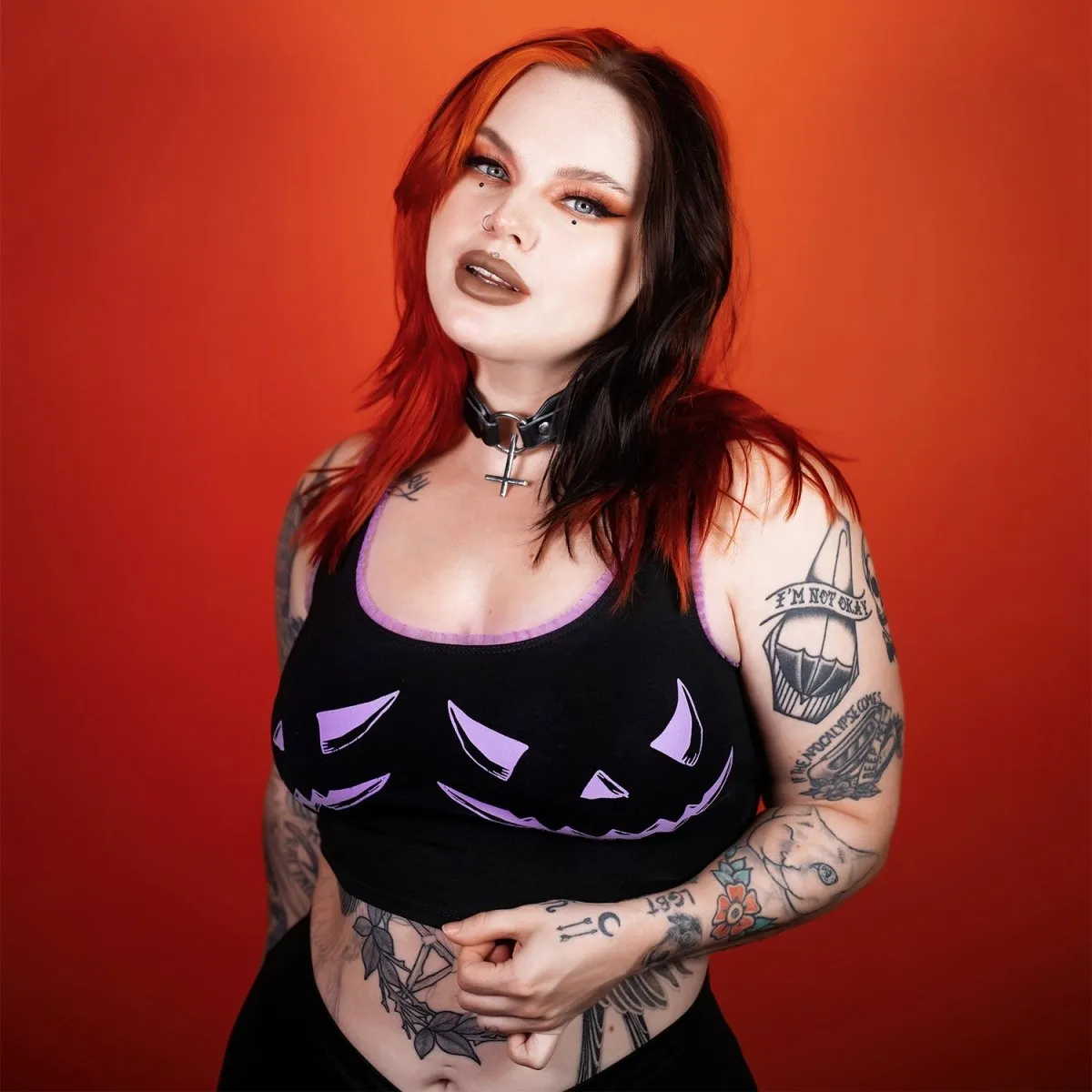 Pumpkin Face Purple Lace Crop Cami