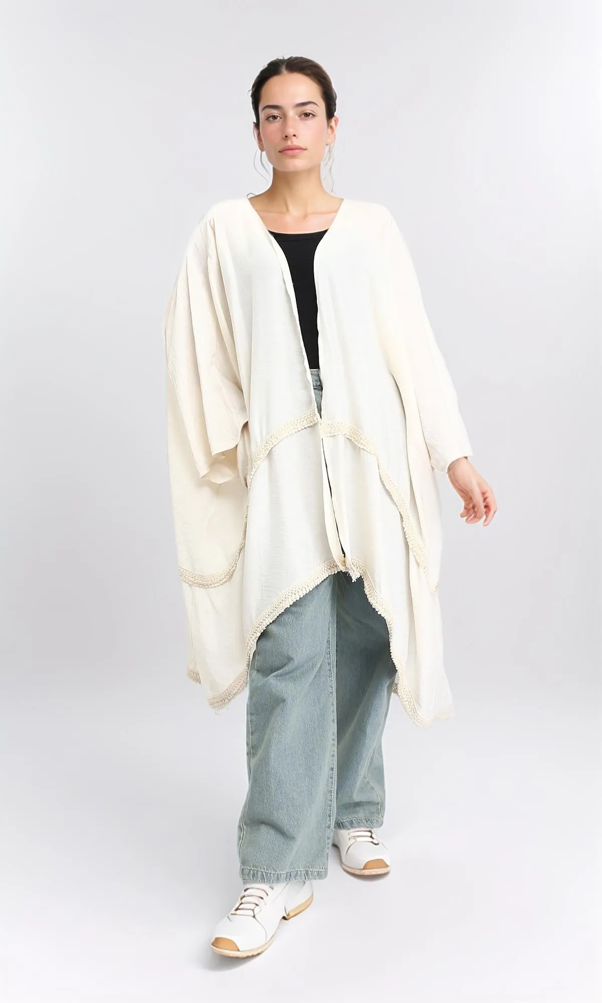 R206345 - Loose Kimono with Stitched Tassels - Light Beige