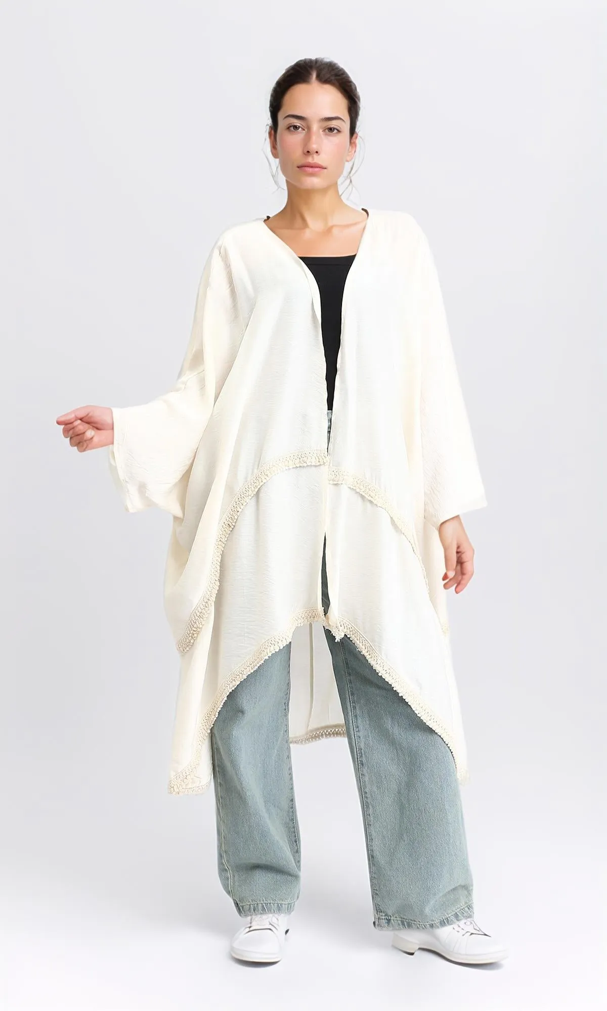R206345 - Loose Kimono with Stitched Tassels - Light Beige