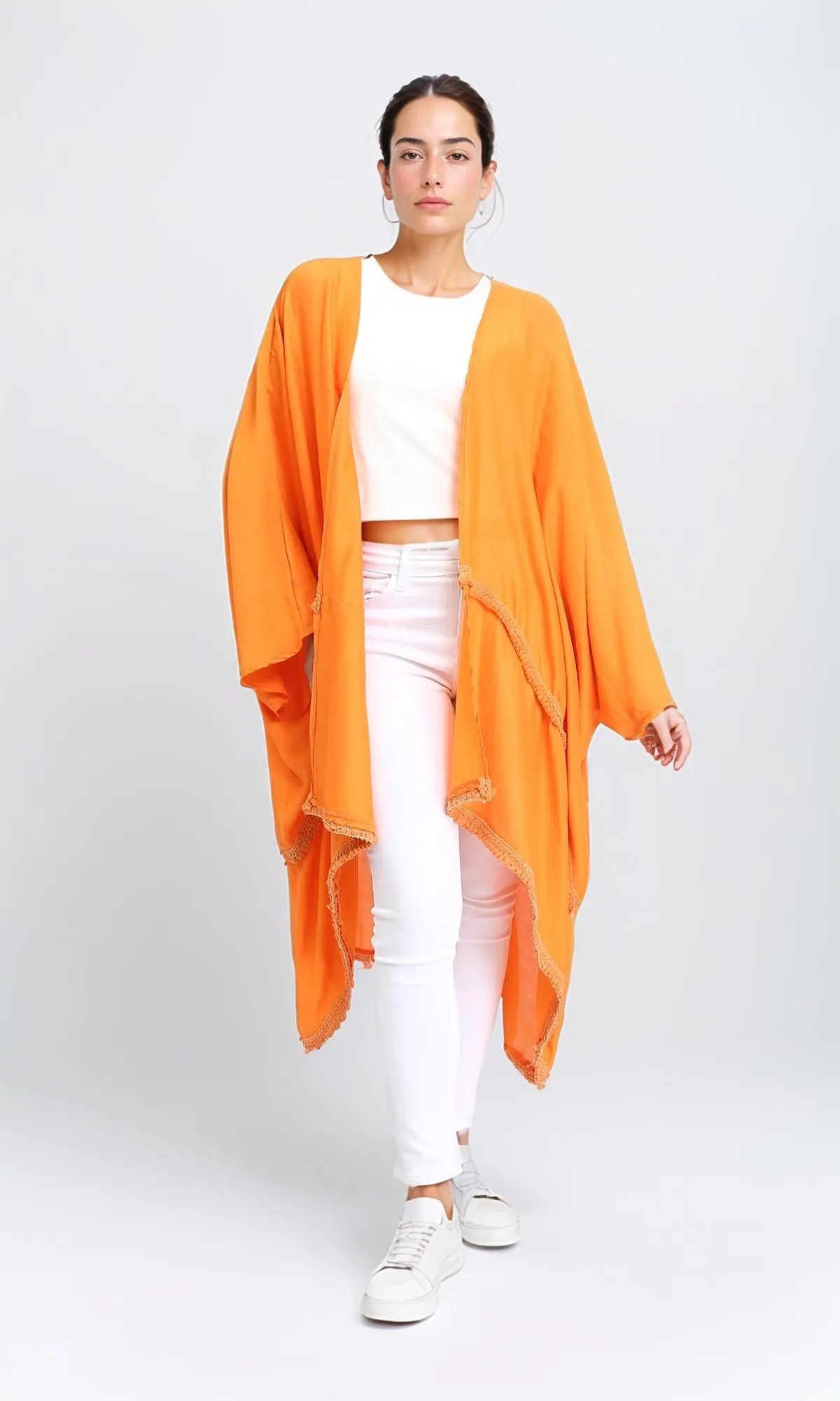 R206346 - Loose Kimono with Stitched Tassels - Orange