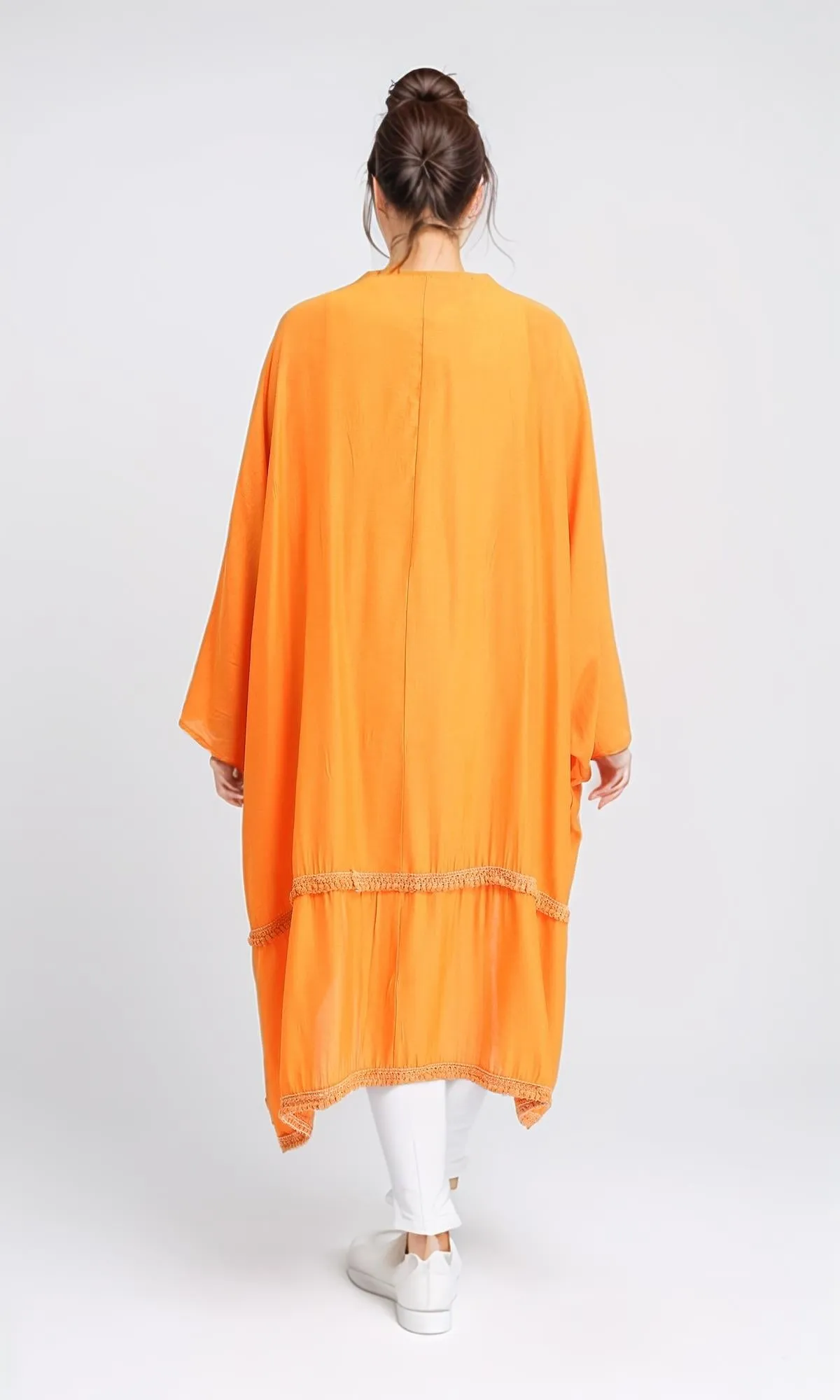 R206346 - Loose Kimono with Stitched Tassels - Orange