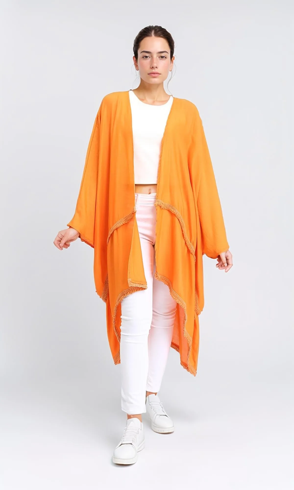 R206346 - Loose Kimono with Stitched Tassels - Orange