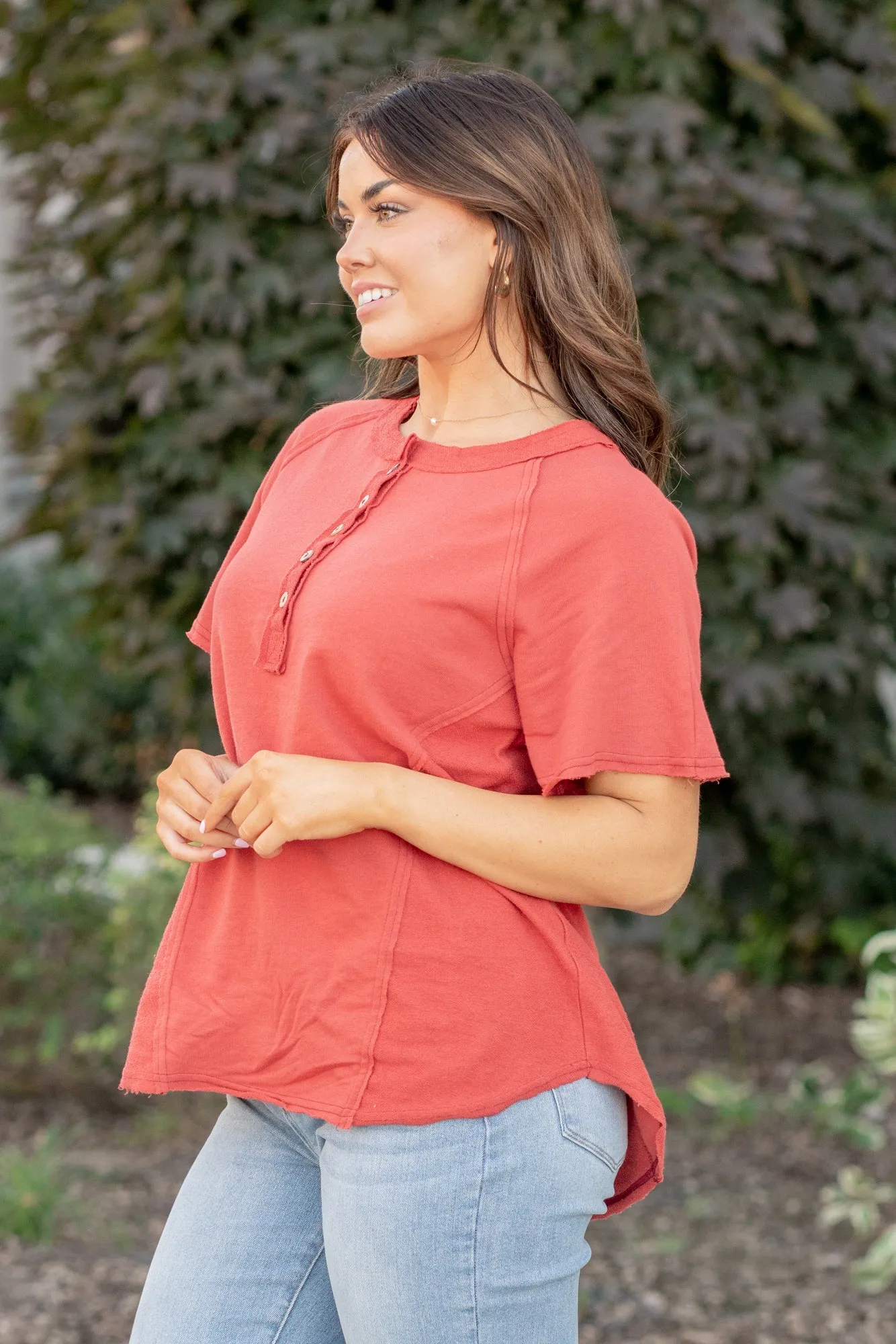 Raglan Henley Top - Brick Red