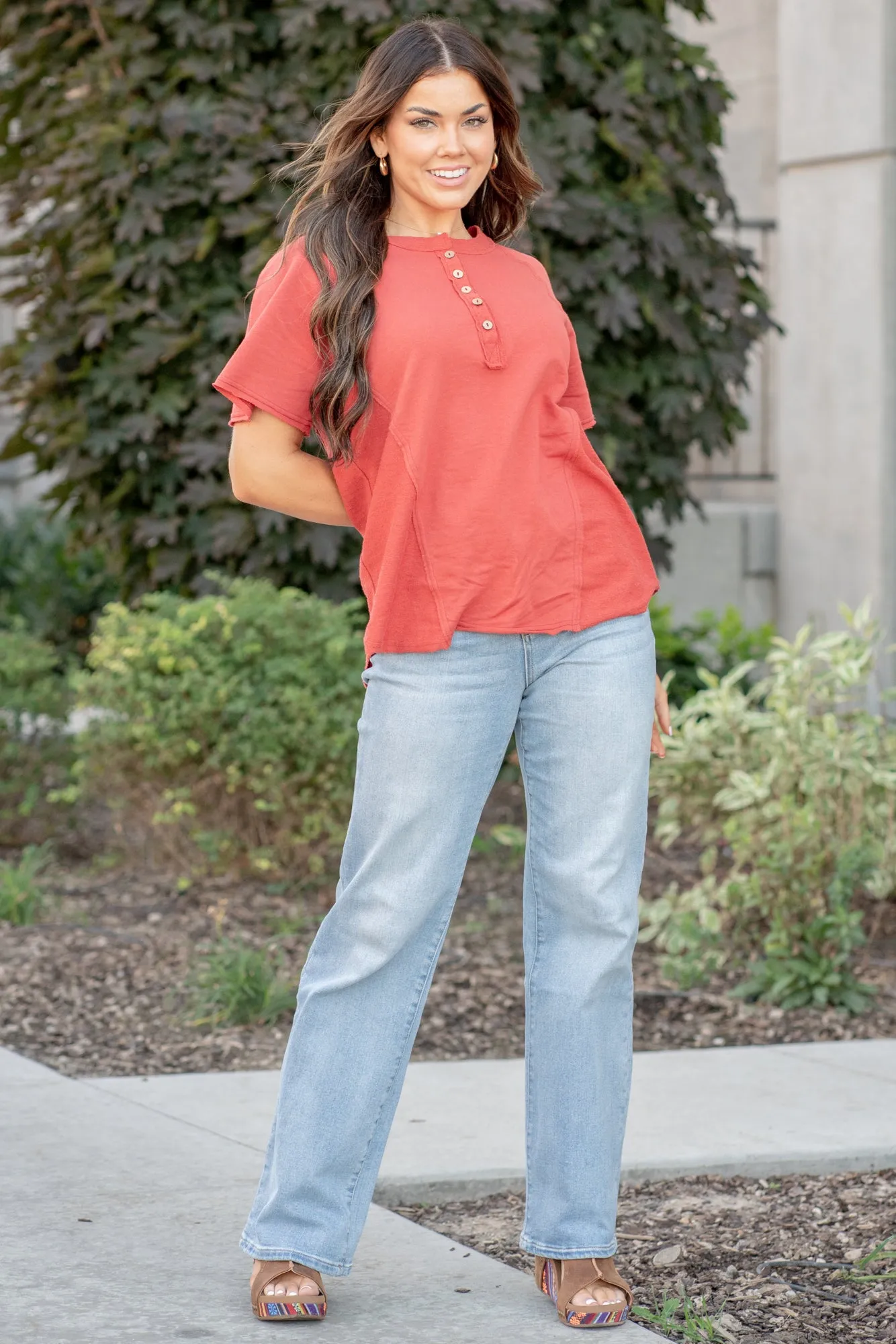 Raglan Henley Top - Brick Red