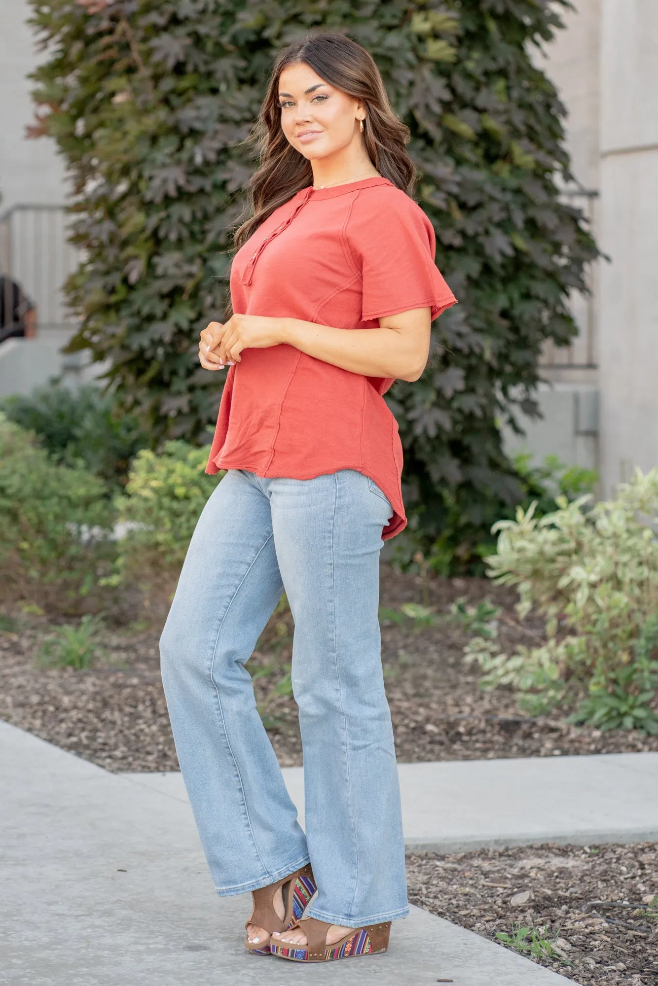 Raglan Henley Top - Brick Red