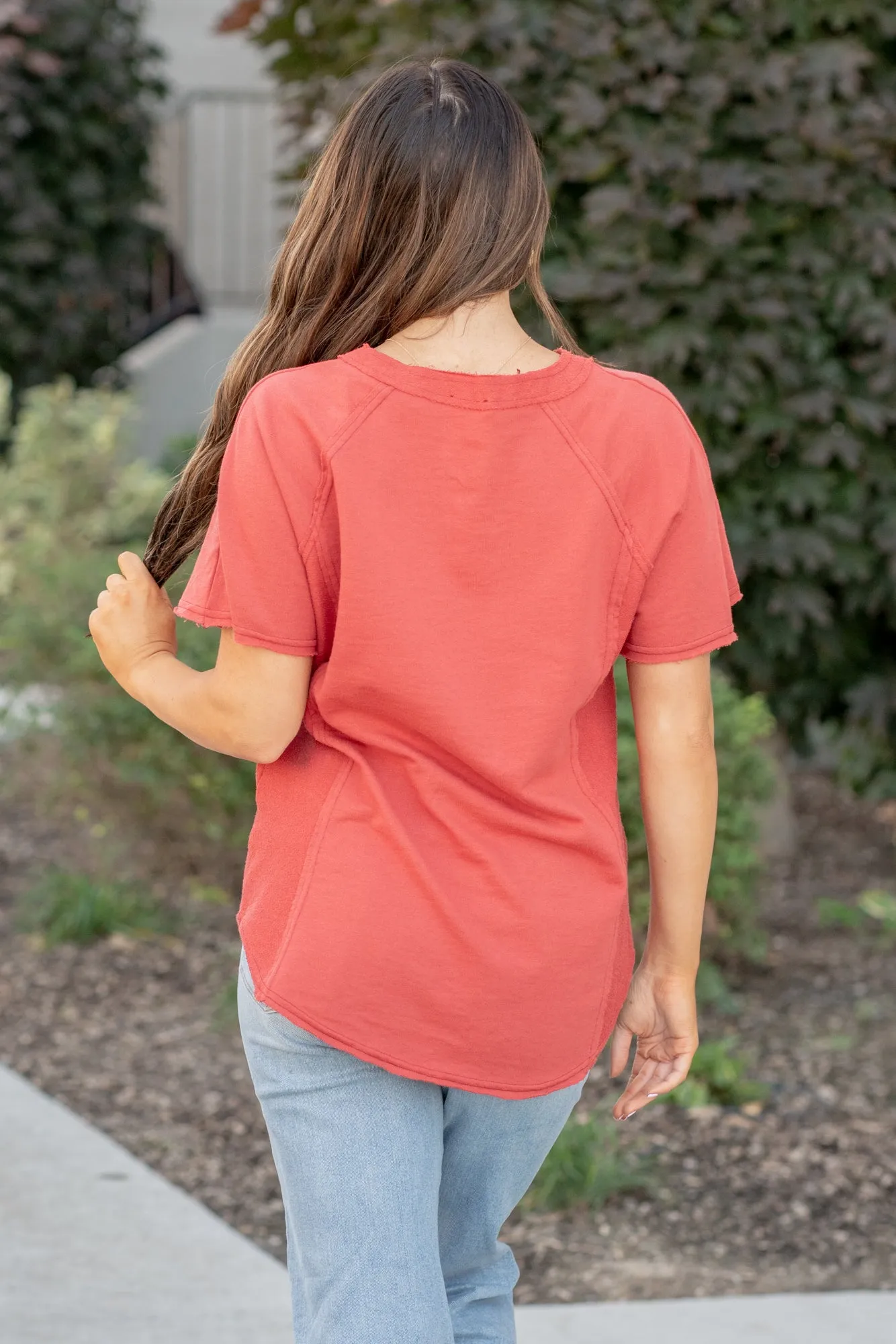 Raglan Henley Top - Brick Red