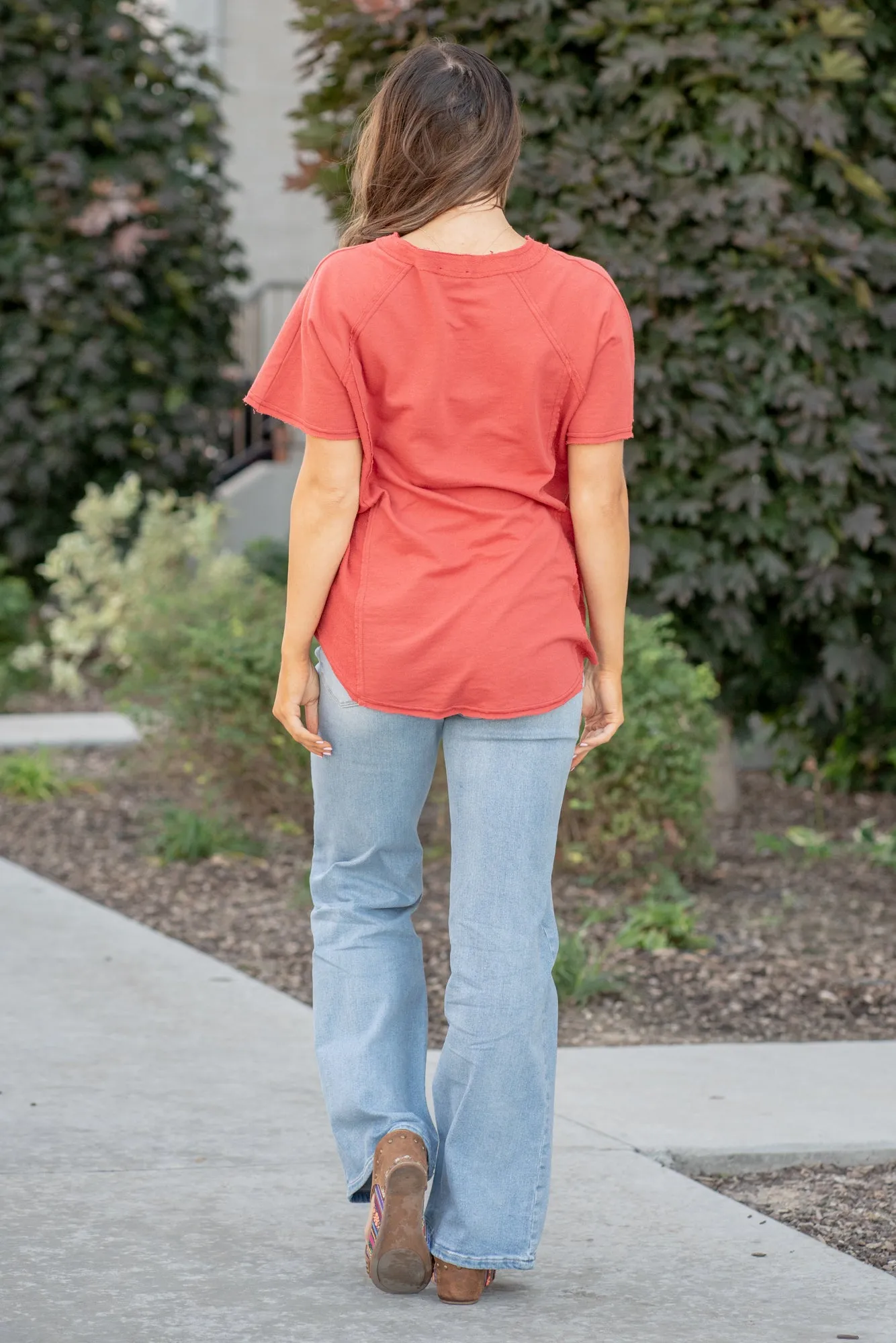 Raglan Henley Top - Brick Red