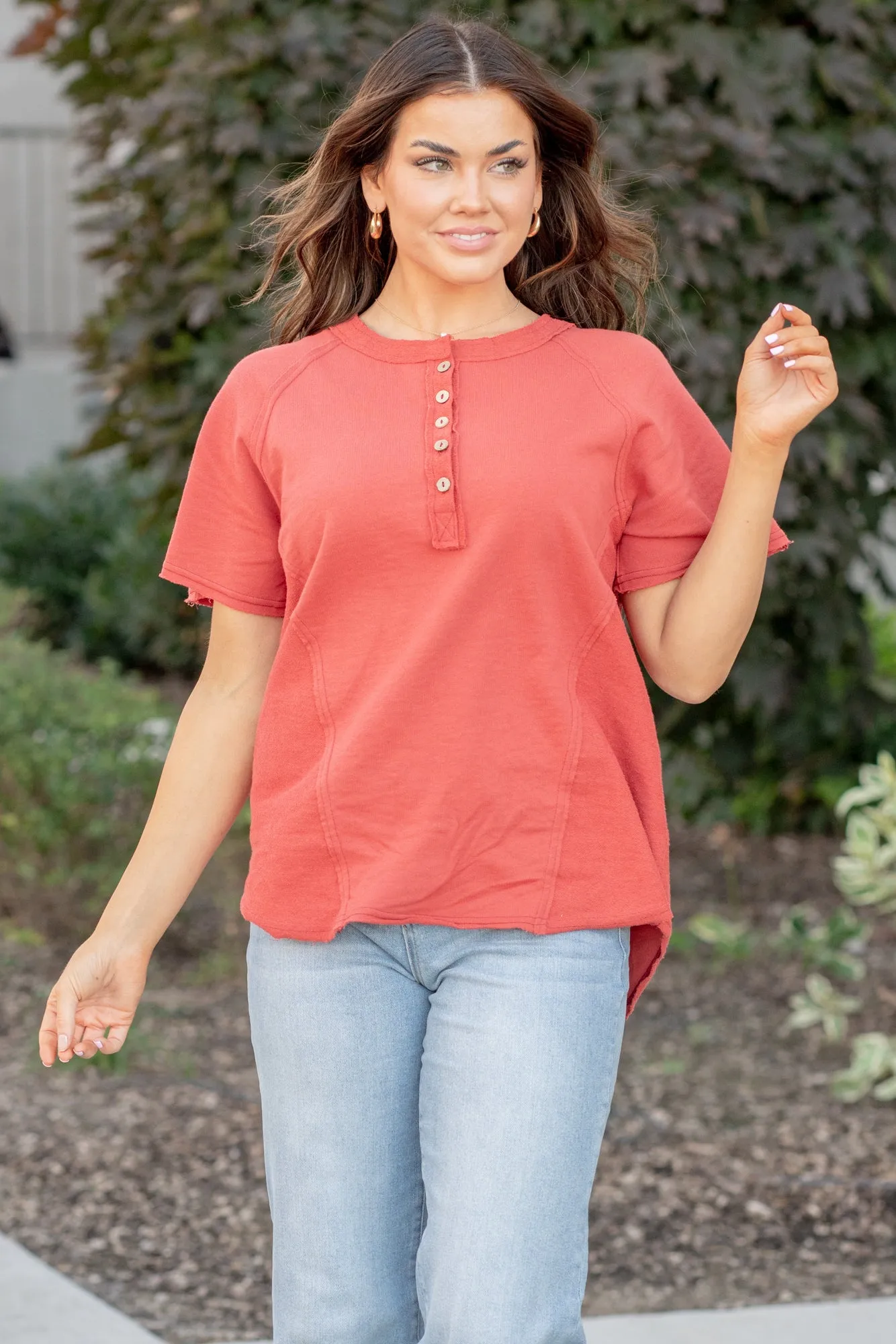 Raglan Henley Top - Brick Red