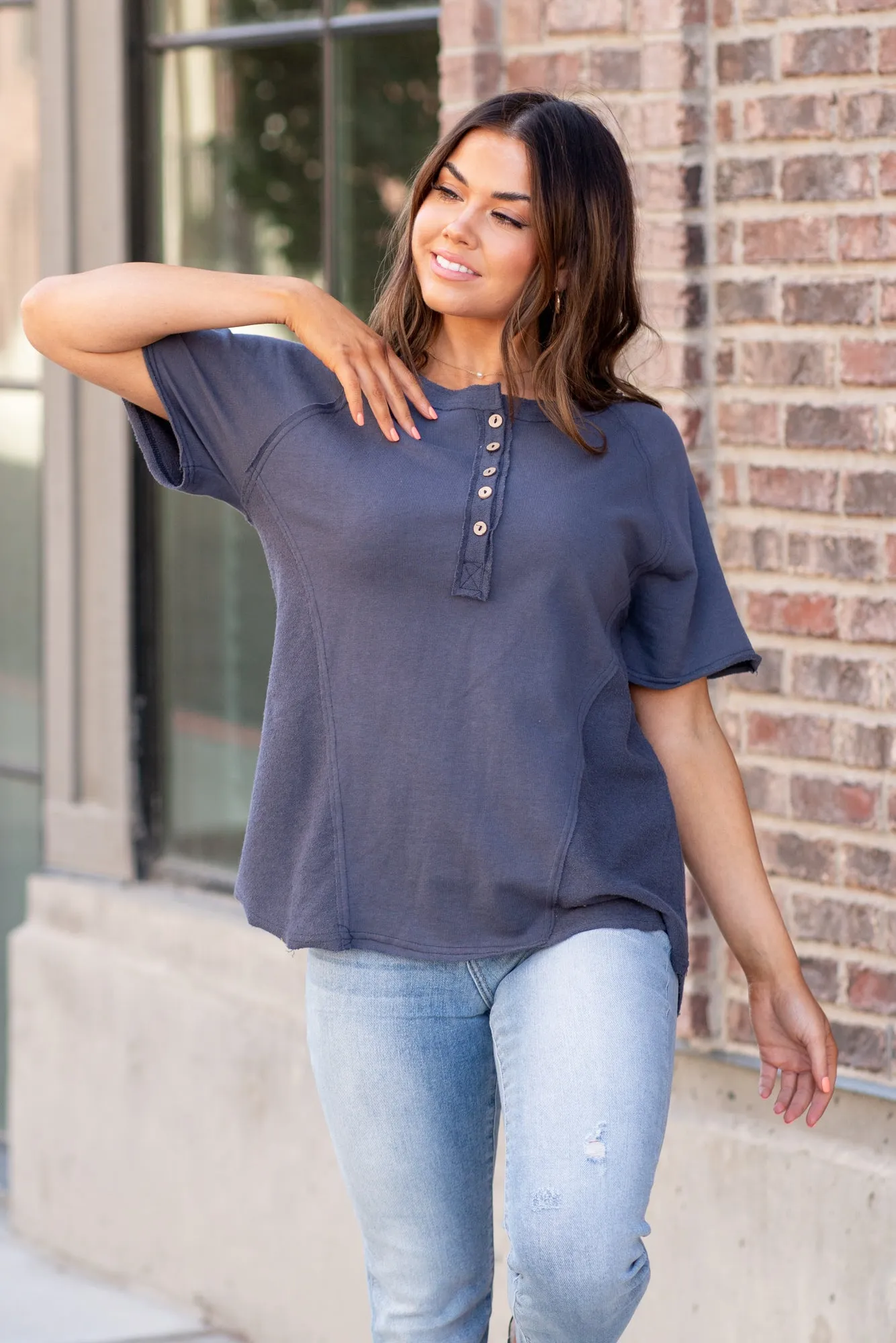 Raglan Henley Top - Slate Grey