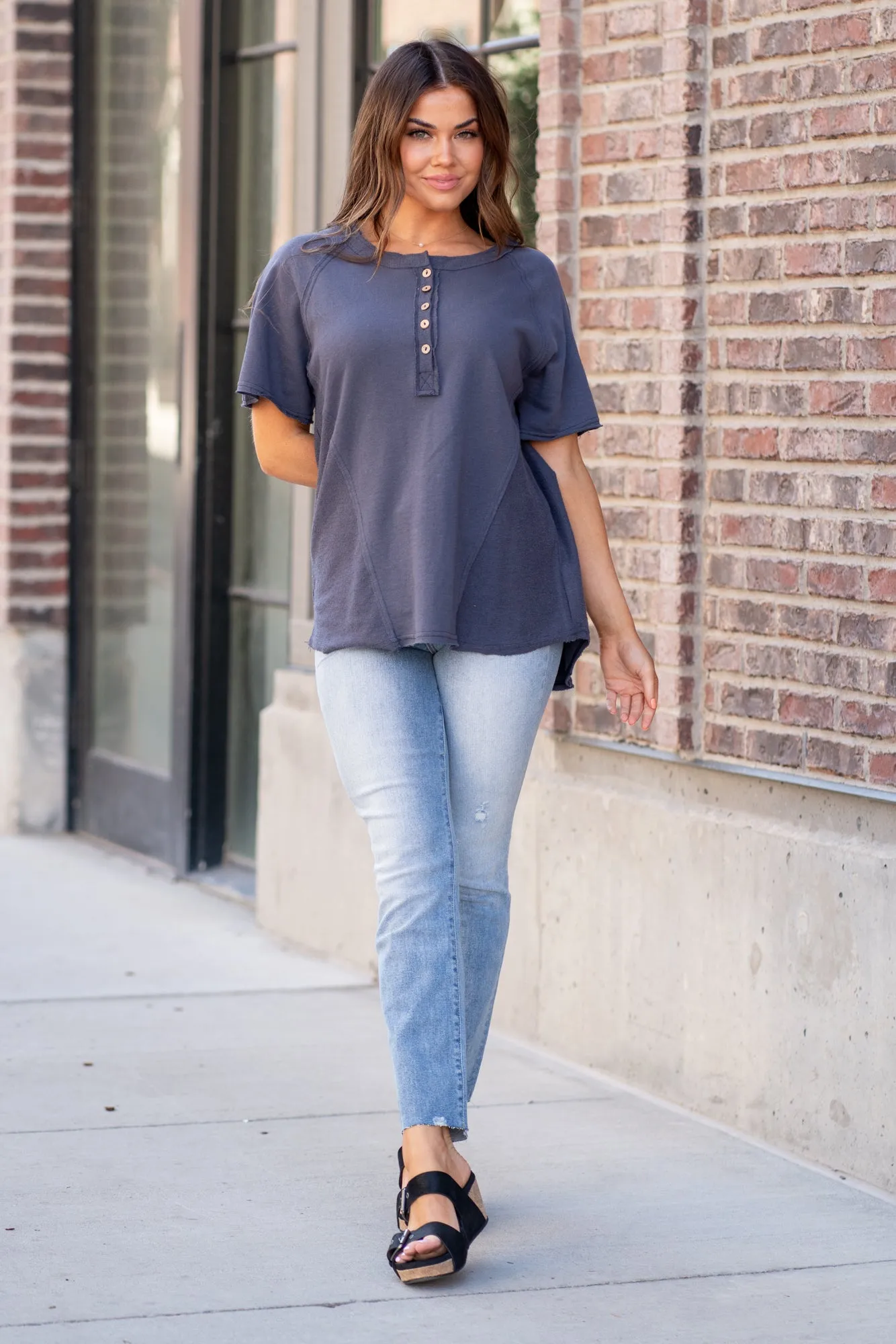 Raglan Henley Top - Slate Grey