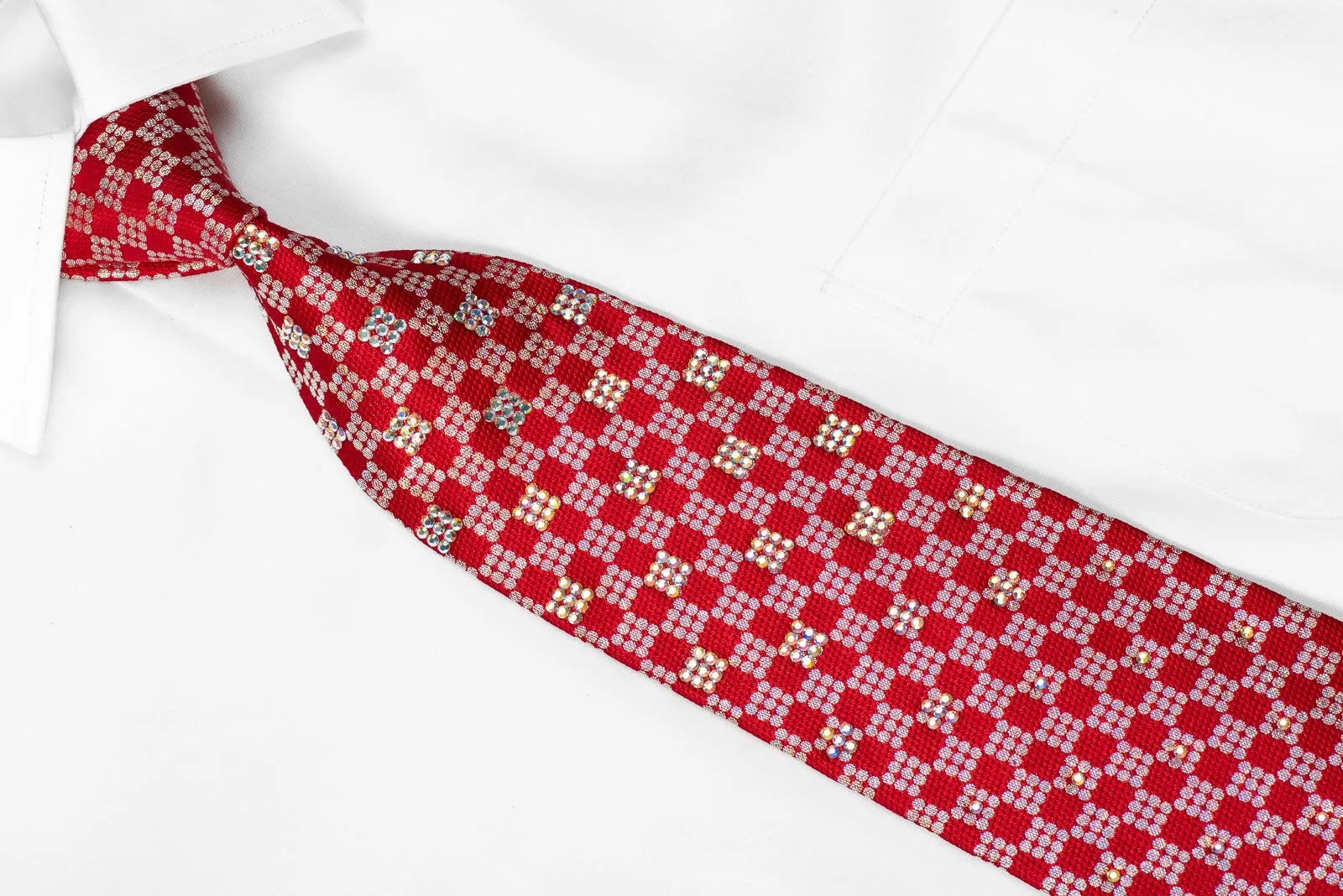 Renoma Mens Crystal Rhinestone Silk Tie Silver Red Checkered With Silver Sparkles