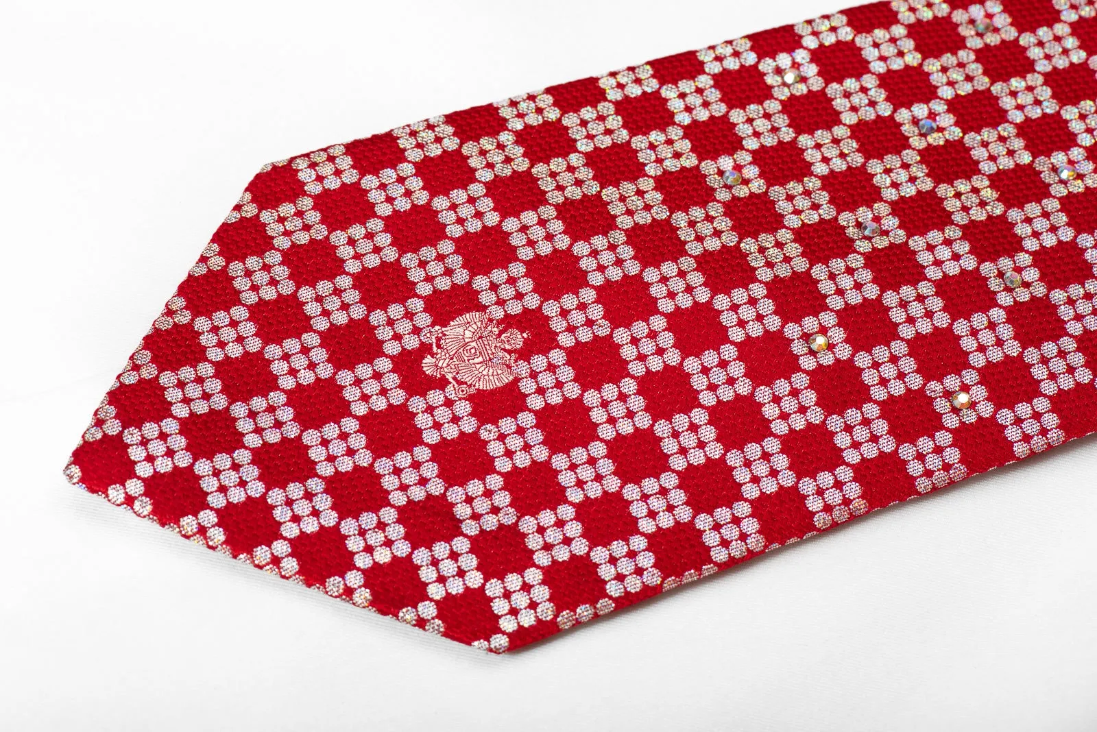 Renoma Mens Crystal Rhinestone Silk Tie Silver Red Checkered With Silver Sparkles