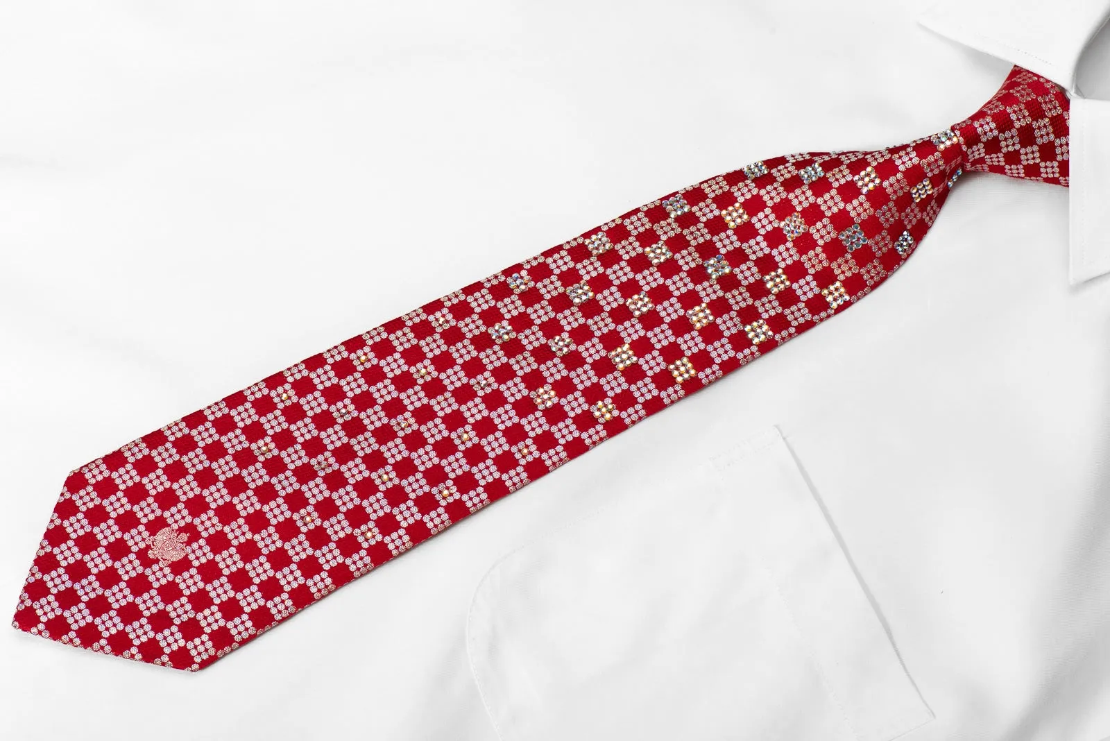 Renoma Mens Crystal Rhinestone Silk Tie Silver Red Checkered With Silver Sparkles