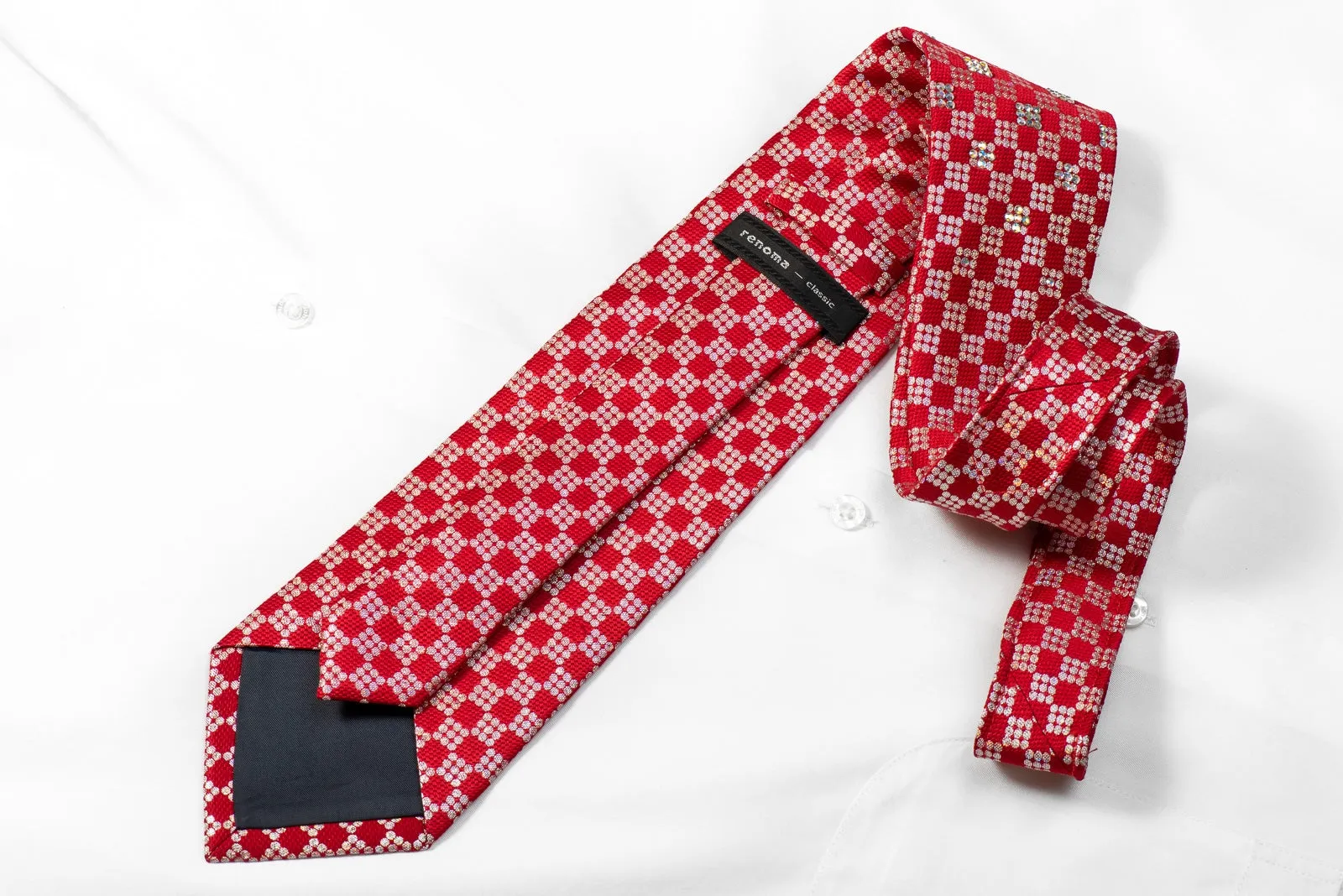 Renoma Mens Crystal Rhinestone Silk Tie Silver Red Checkered With Silver Sparkles
