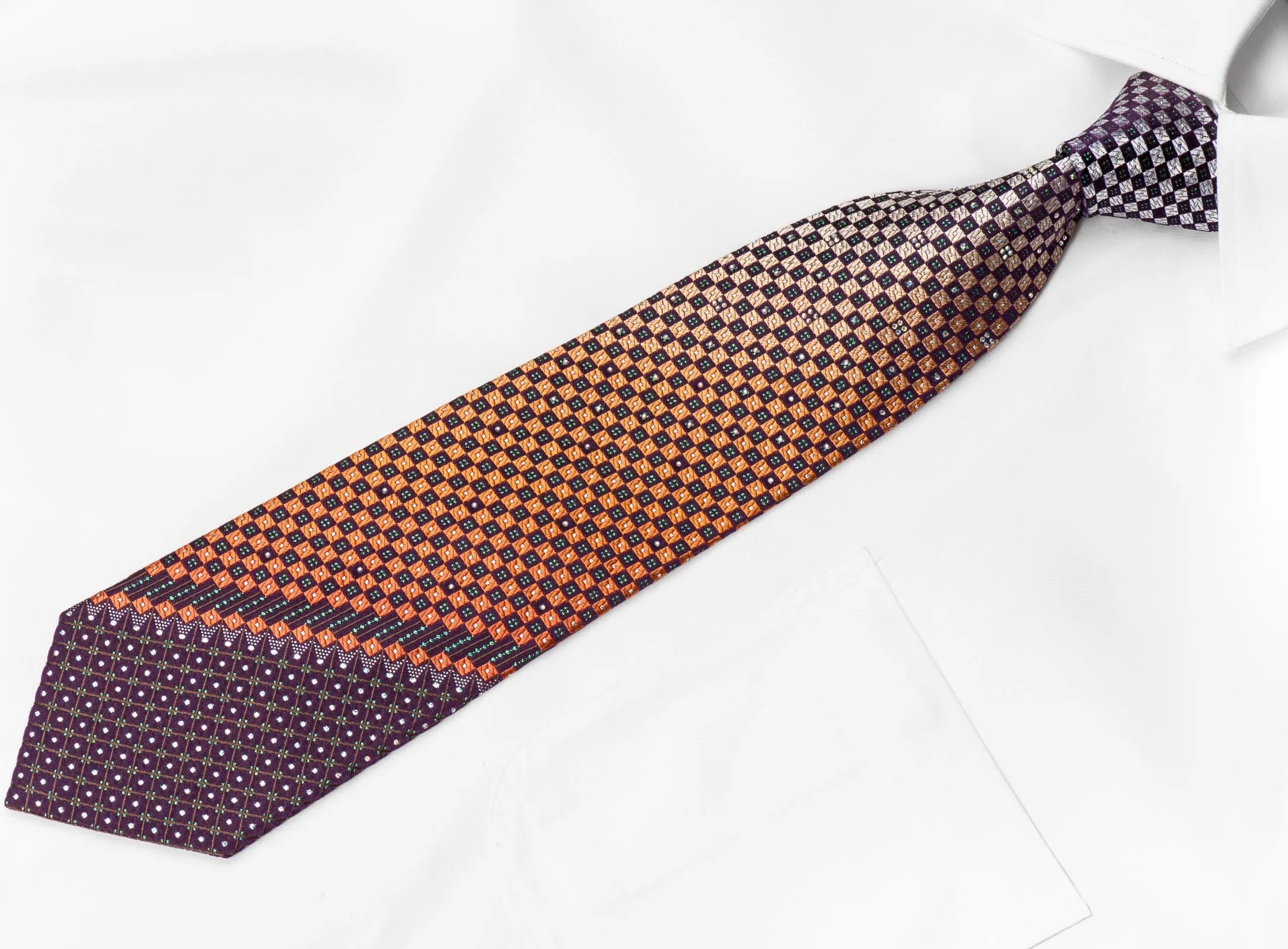 Renoma Men's Crystal Silk Necktie Silver Orange Checkered On Purple With Silver Green Sparkles