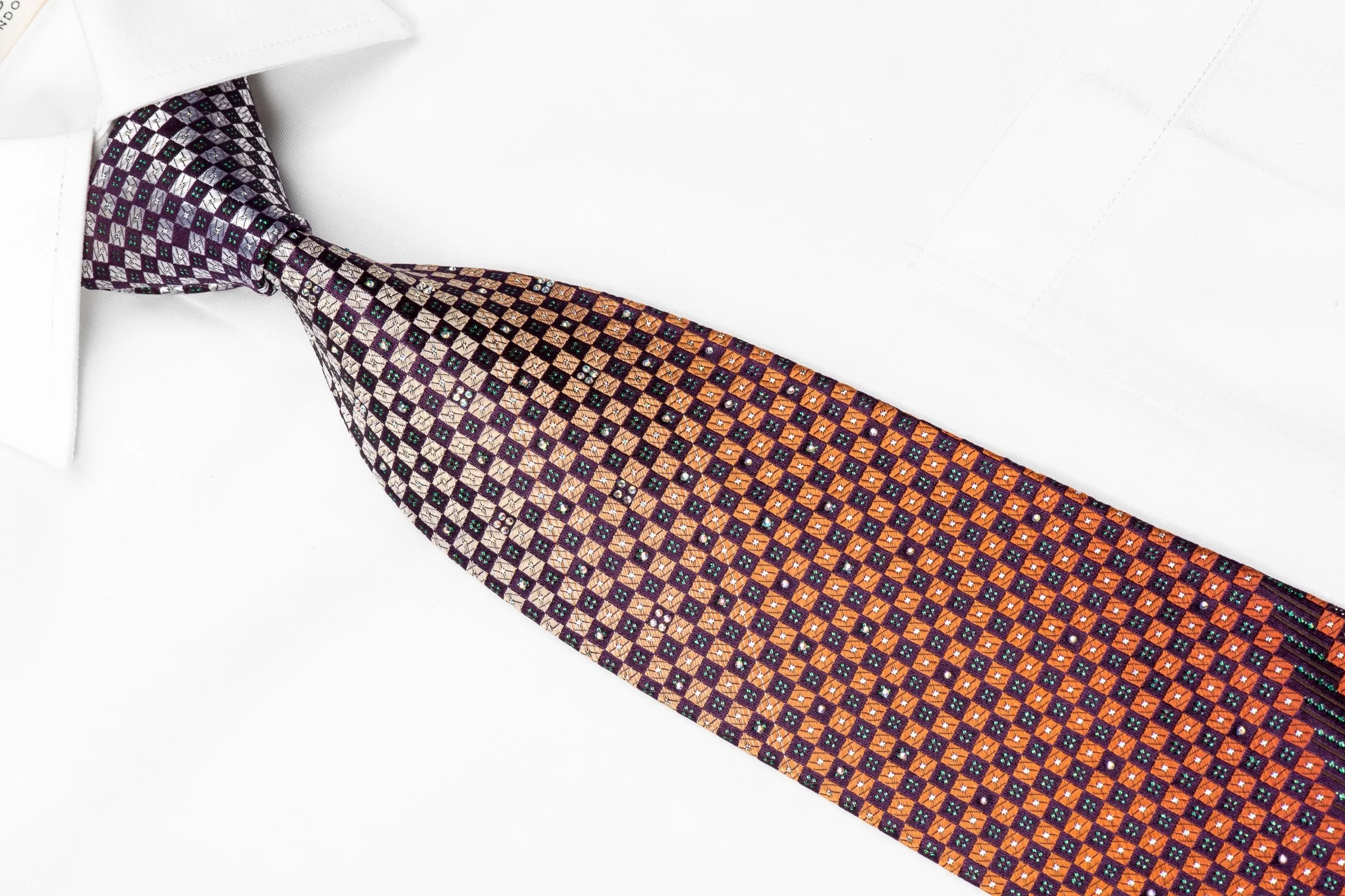 Renoma Men's Crystal Silk Necktie Silver Orange Checkered On Purple With Silver Green Sparkles