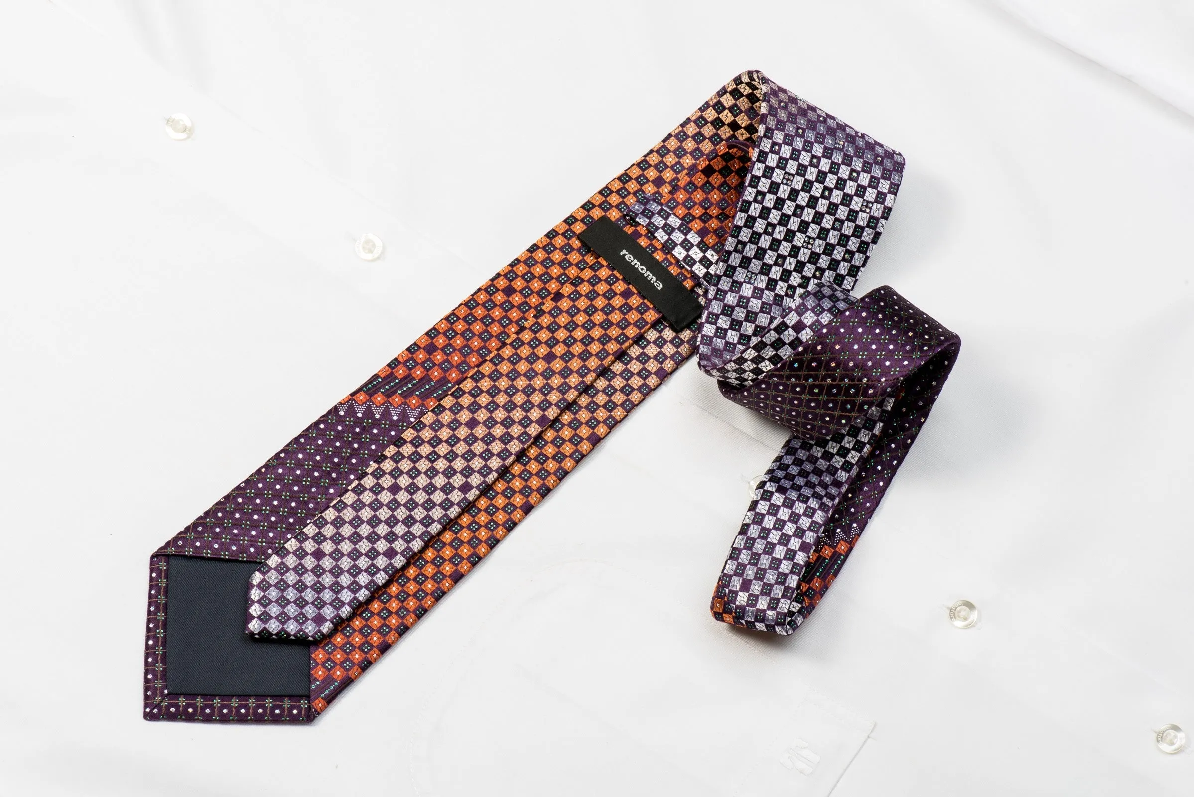 Renoma Men's Crystal Silk Necktie Silver Orange Checkered On Purple With Silver Green Sparkles
