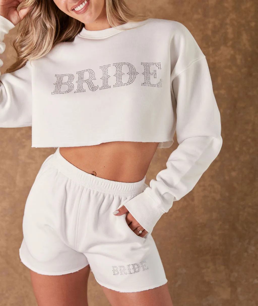 Rhinestone Cropped Bride Sweatshirt - White