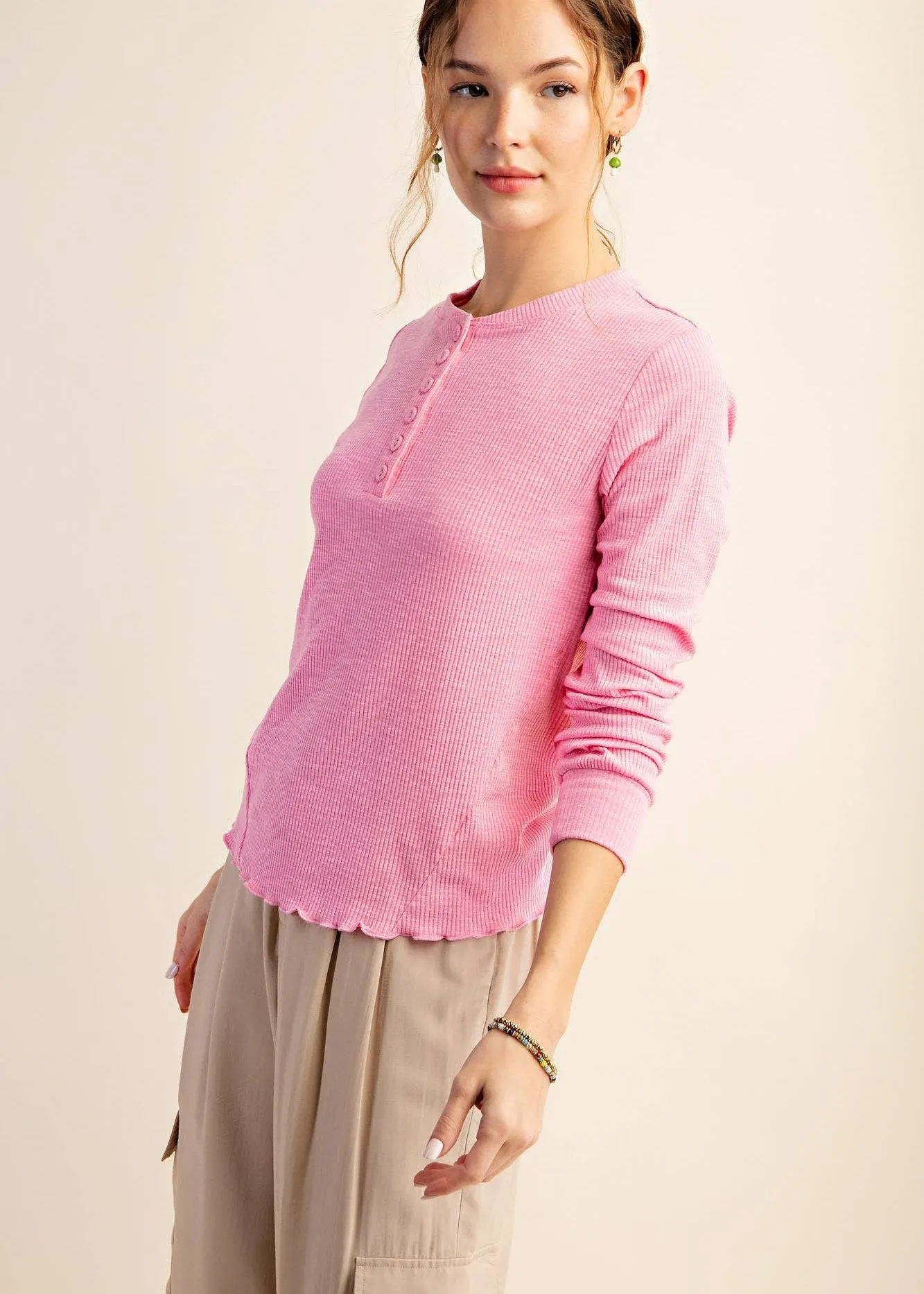 Ribbed Pink Henley Top