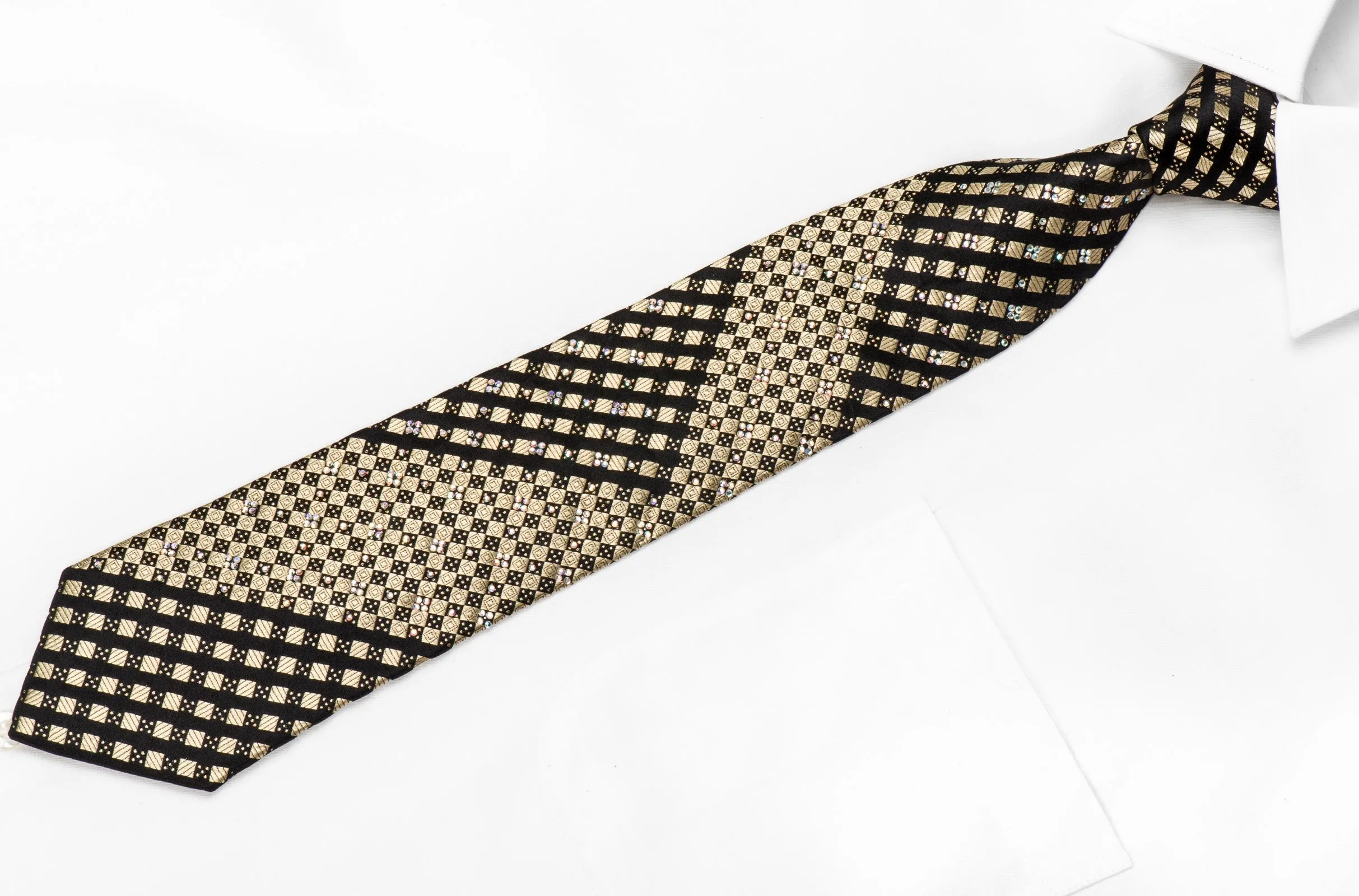 Roberta di Camerino Men's Crystal Tie Black Gold Diagonal Checker With Golden Sparkles