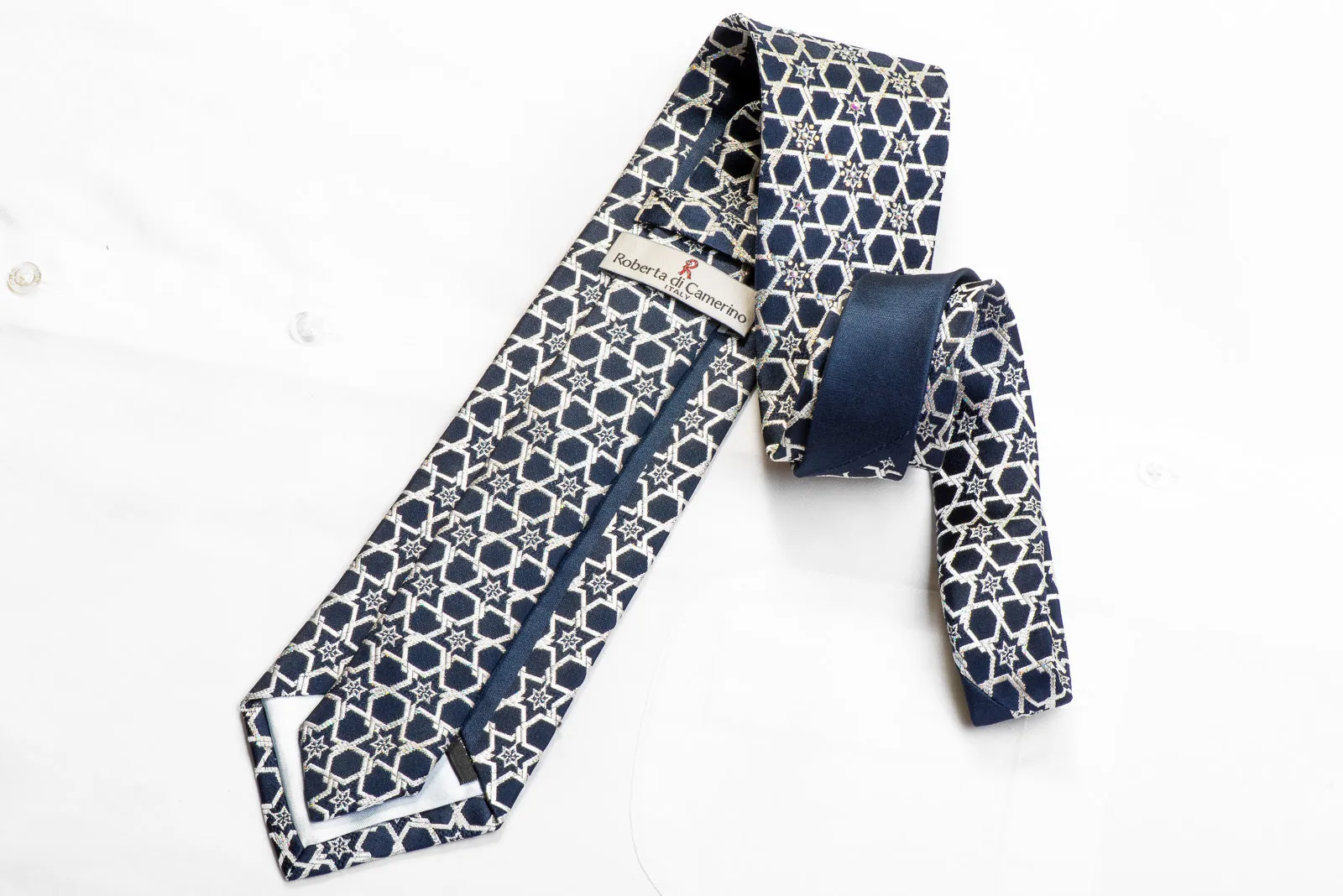 Roberta di Camerino Rhinestone Tie Silver Star Trellis On Navy With Sparkles