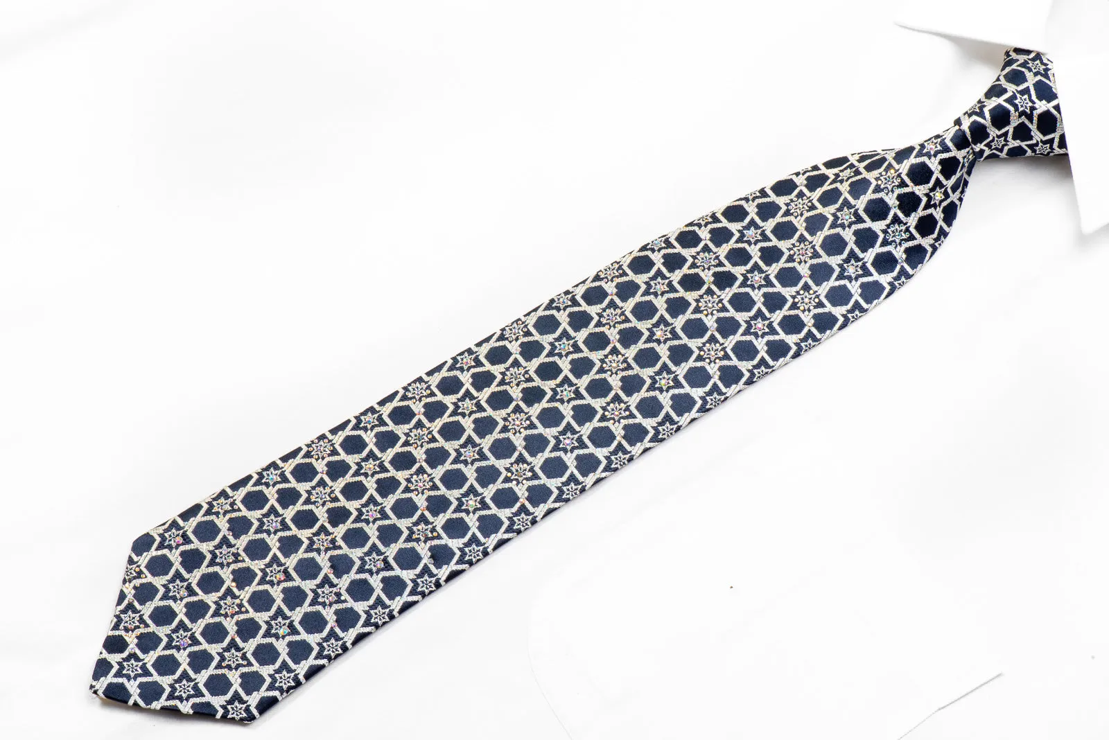 Roberta di Camerino Rhinestone Tie Silver Star Trellis On Navy With Sparkles