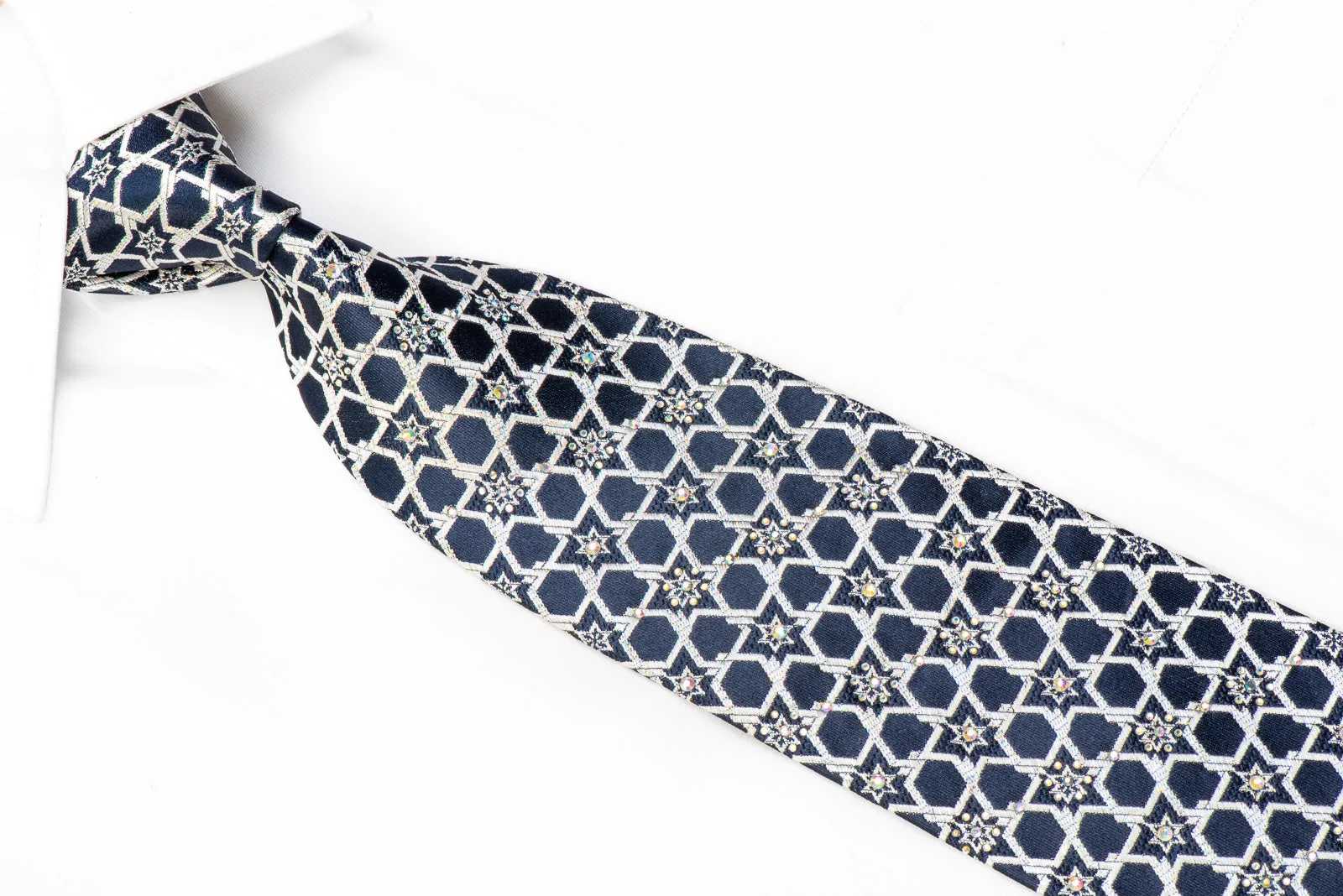 Roberta di Camerino Rhinestone Tie Silver Star Trellis On Navy With Sparkles