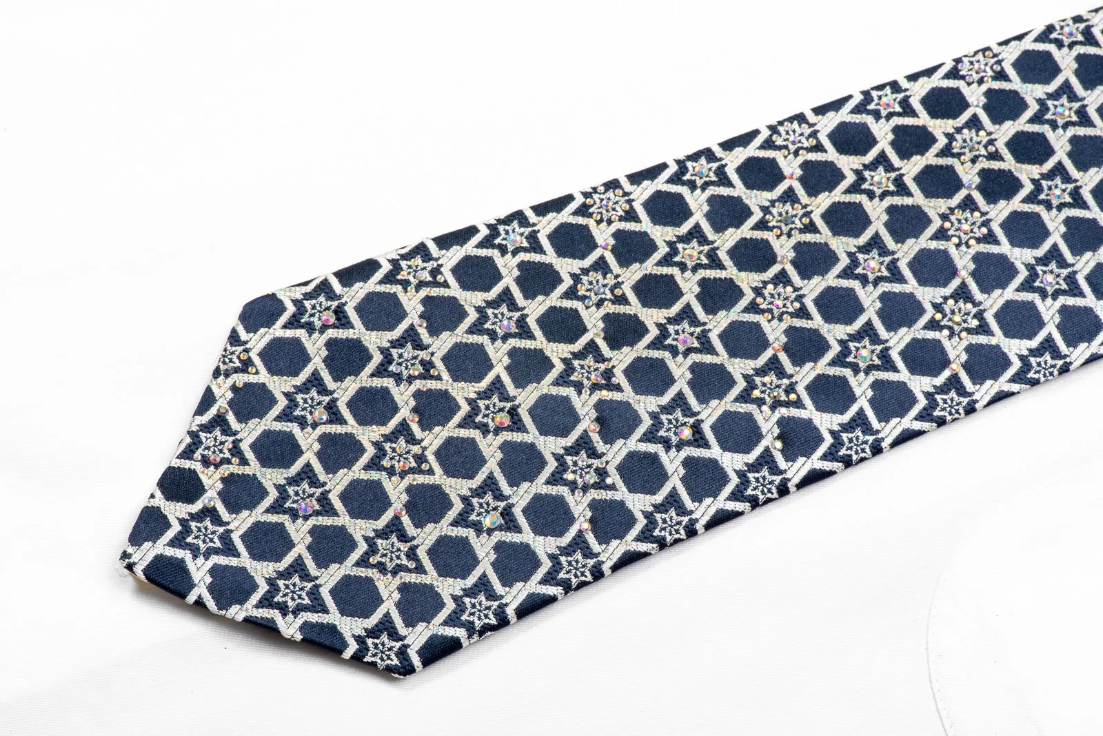 Roberta di Camerino Rhinestone Tie Silver Star Trellis On Navy With Sparkles