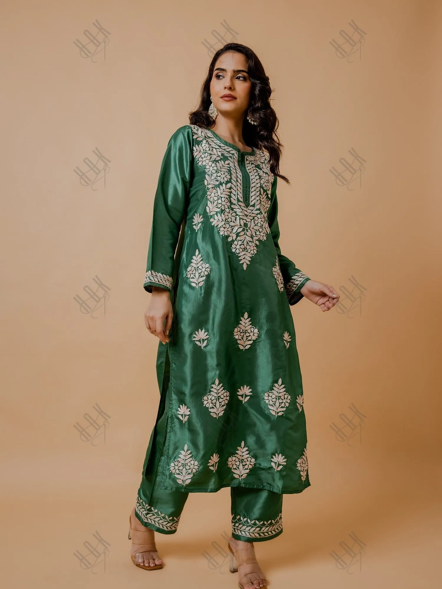 Saba Silk Chikankari Kurta Set for Women - Mehndi Green