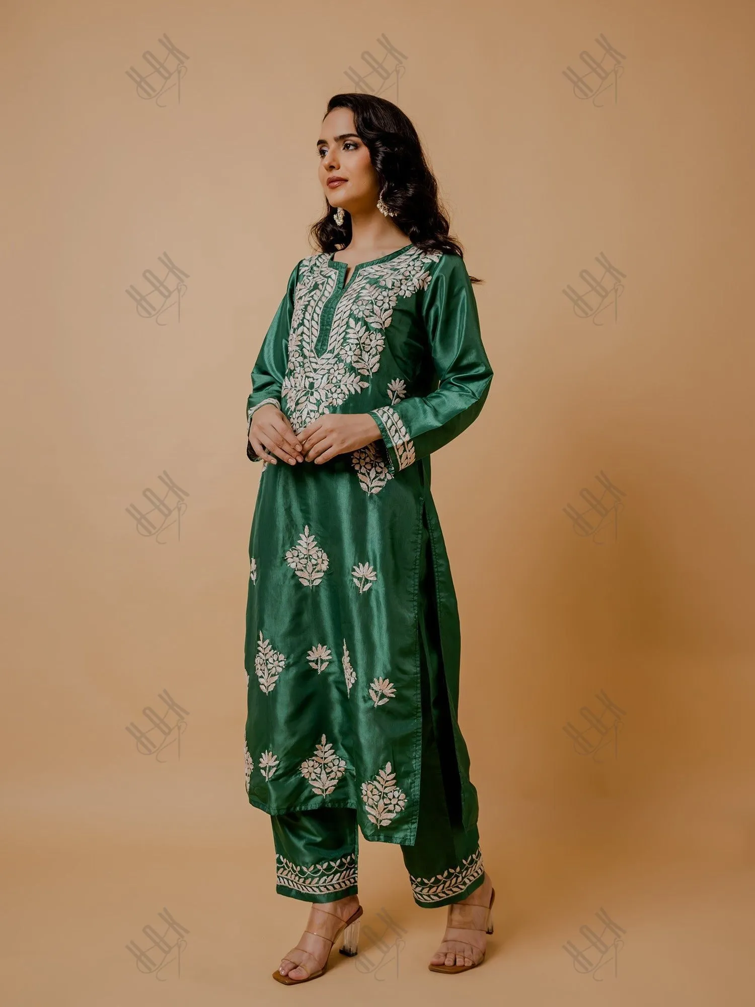 Saba Silk Chikankari Kurta Set for Women - Mehndi Green