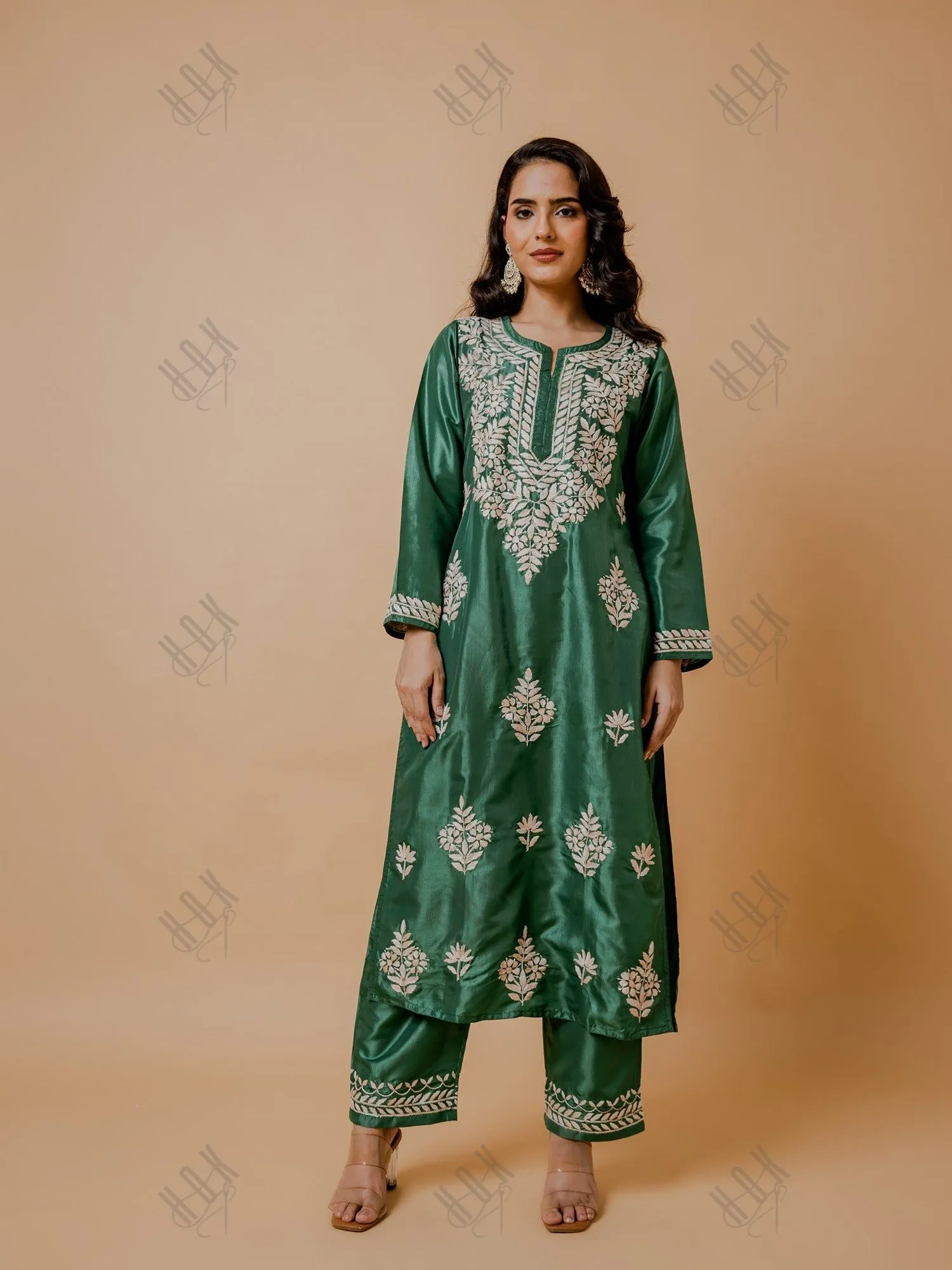 Saba Silk Chikankari Kurta Set for Women - Mehndi Green