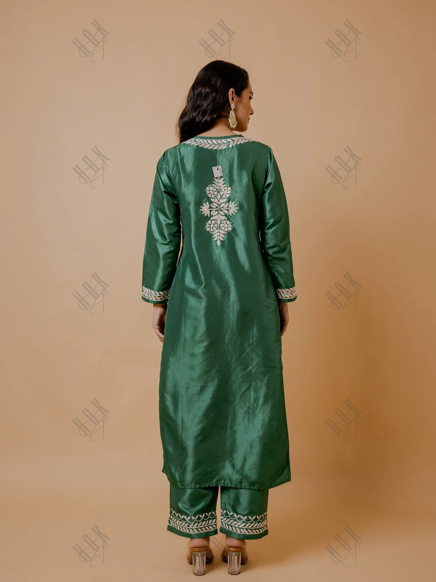 Saba Silk Chikankari Kurta Set for Women - Mehndi Green