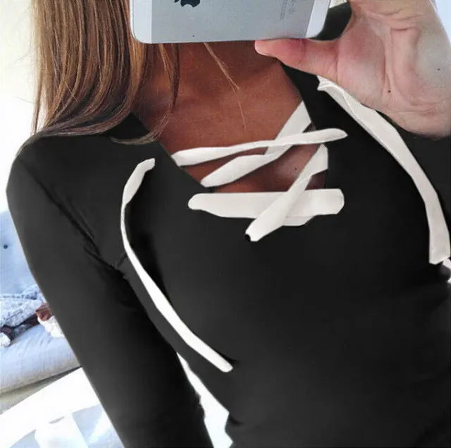 Sexy Casual Kawaii Hoodies Sweatshirts 2017 Women Fashion Long Sleeve V-neck Bandage Hoodies Shirts Casual Sexy Women Tops GV371