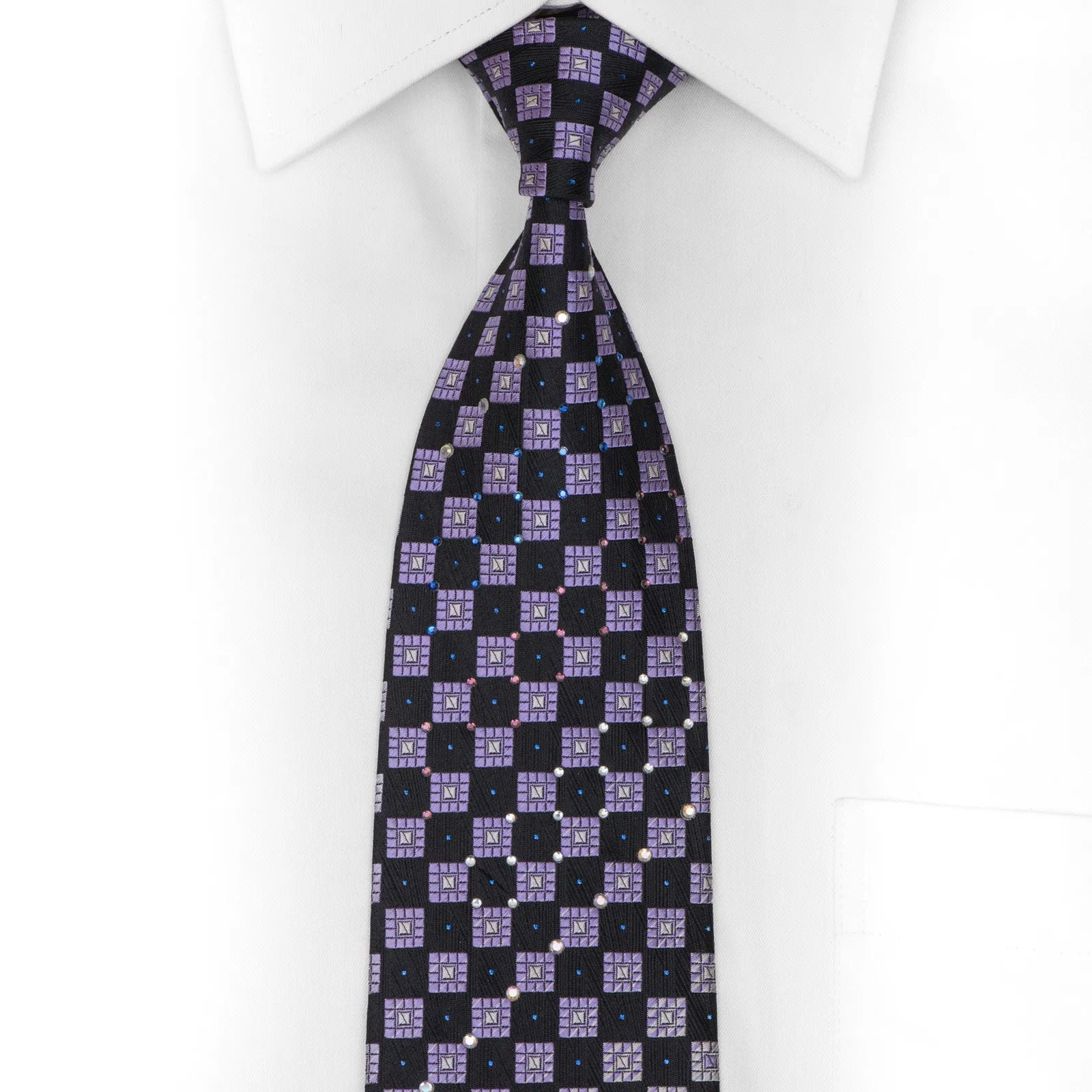 Silver Navy Purple Checkered Rhinestone Silk Necktie With Blue Sparkles