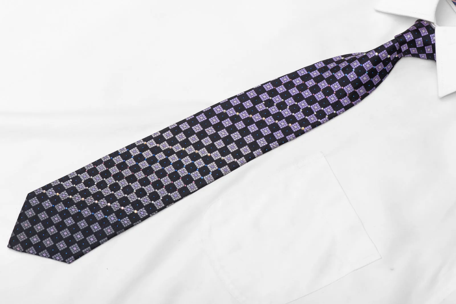 Silver Navy Purple Checkered Rhinestone Silk Necktie With Blue Sparkles