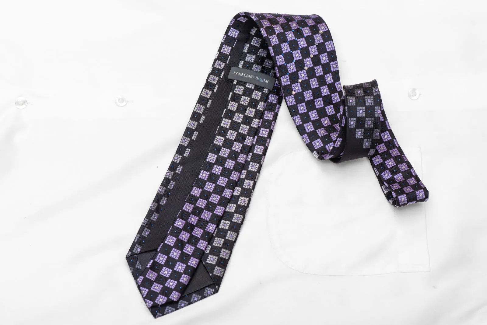 Silver Navy Purple Checkered Rhinestone Silk Necktie With Blue Sparkles