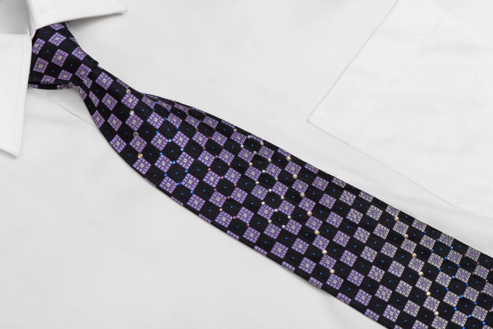 Silver Navy Purple Checkered Rhinestone Silk Necktie With Blue Sparkles