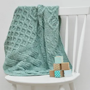 Soft Green Aran Knit Wool Baby Blanket