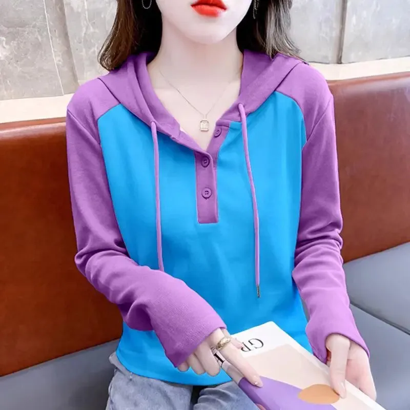 Spring Autumn Casual Patchwork Blouse Fashion Contrasting Colors Women's Clothing Hooded Drawstring Button Korean Straight Shirt