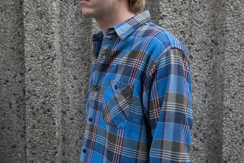 Sugar Cane L/S Twill Check Flannel Shirt - Blue
