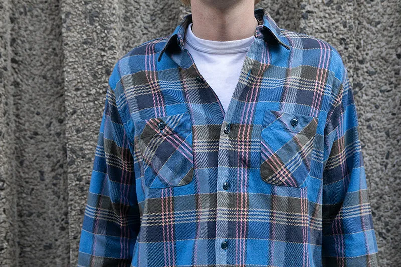 Sugar Cane L/S Twill Check Flannel Shirt - Blue