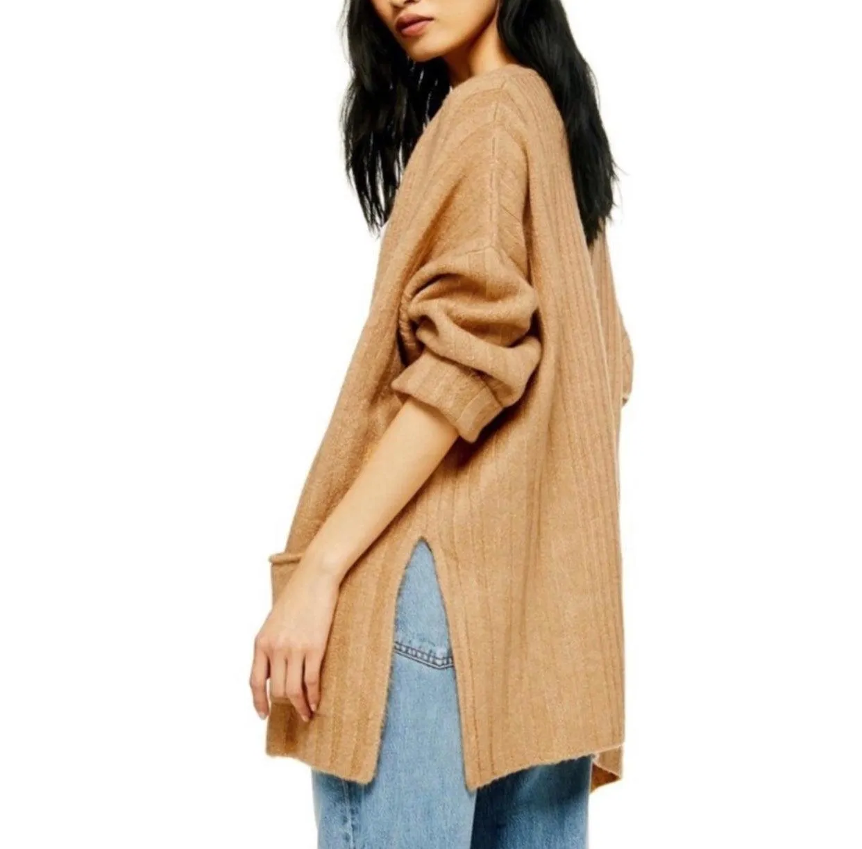 Tan Chunky Mid-Length Knit Cardigan
